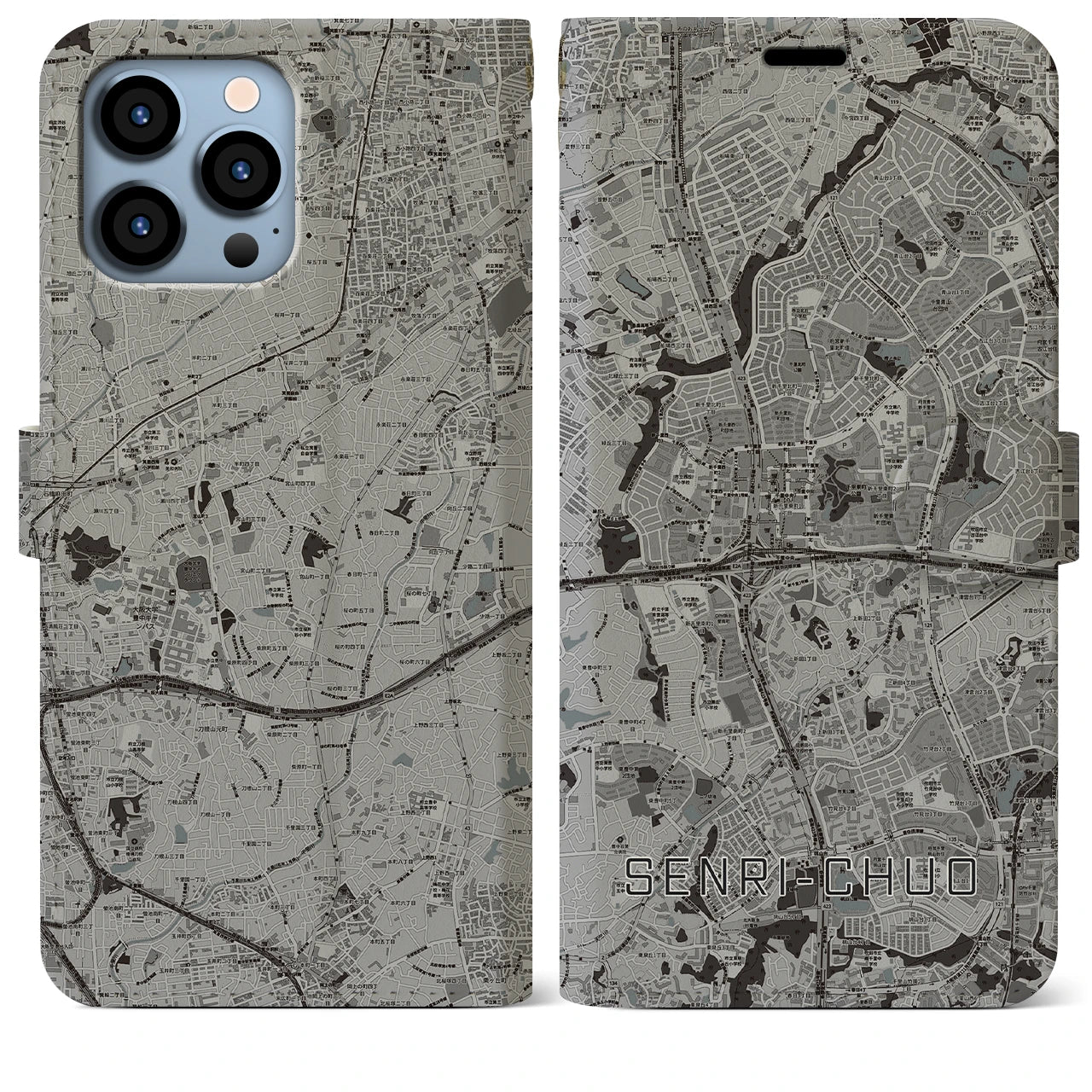 【千里中央(大阪府)】地図柄iPhoneケース(手帳タイプ)モノトーン・iPhone 13 Pro Max 用