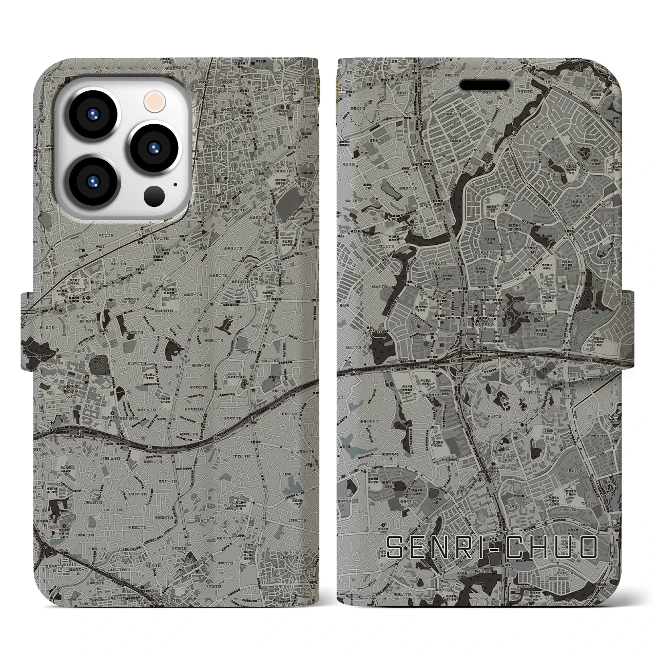 【千里中央(大阪府)】地図柄iPhoneケース(手帳タイプ)モノトーン・iPhone 13 Pro 用