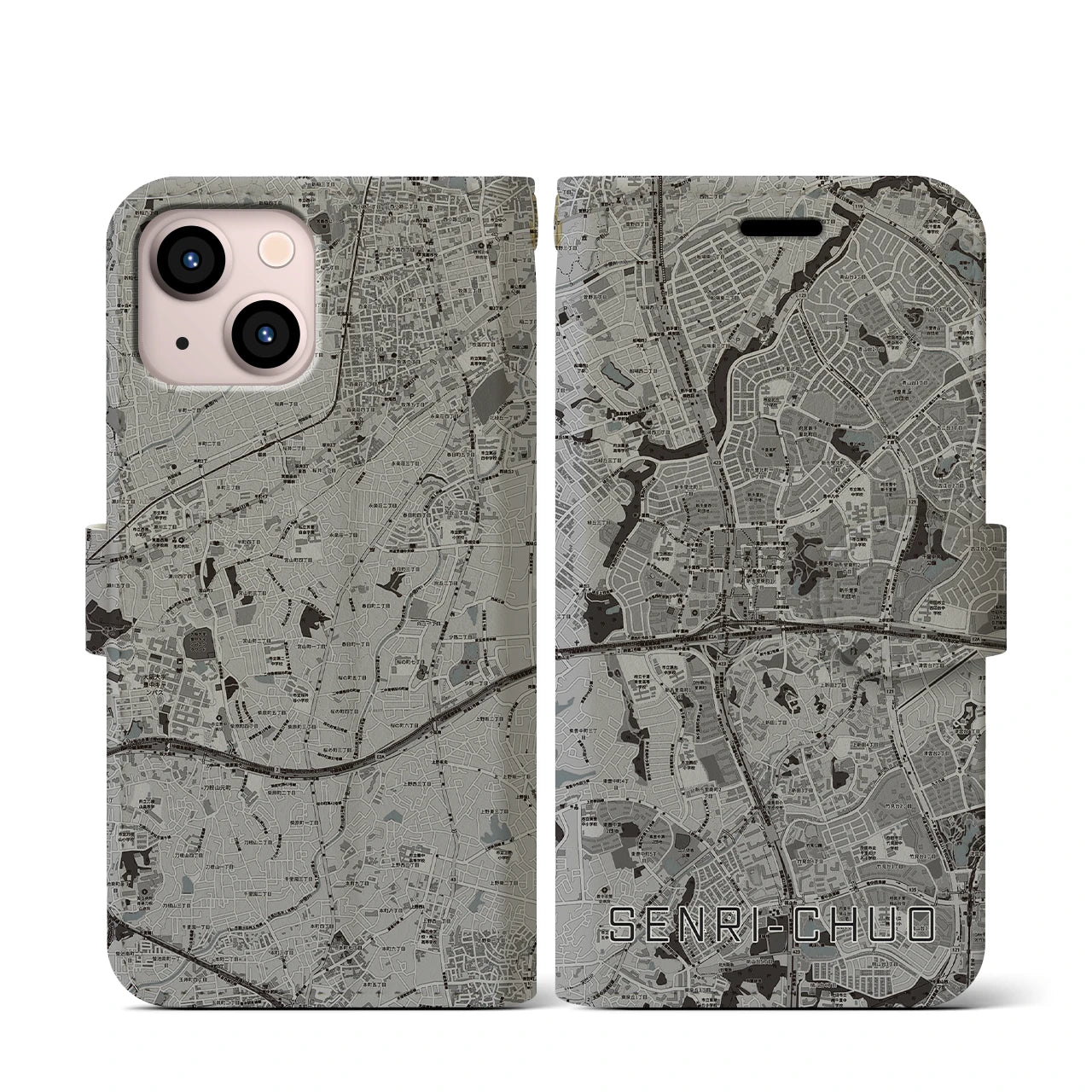 【千里中央(大阪府)】地図柄iPhoneケース(手帳タイプ)モノトーン・iPhone 13 mini 用