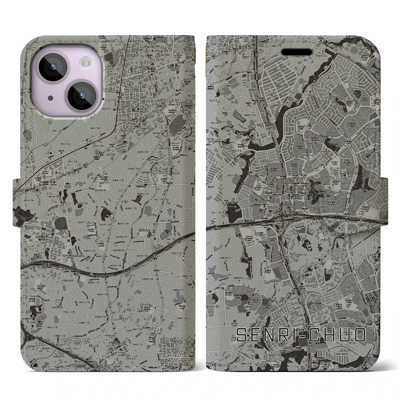 【千里中央(大阪府)】地図柄iPhoneケース(手帳タイプ)モノトーン・iPhone 14 用