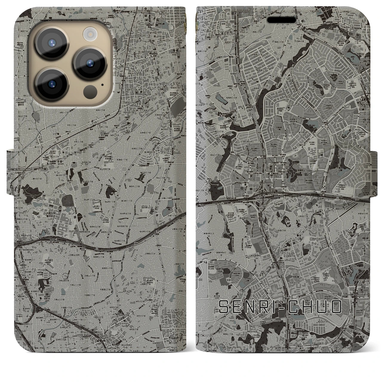 【千里中央(大阪府)】地図柄iPhoneケース(手帳タイプ)モノトーン・iPhone 14 Pro Max 用