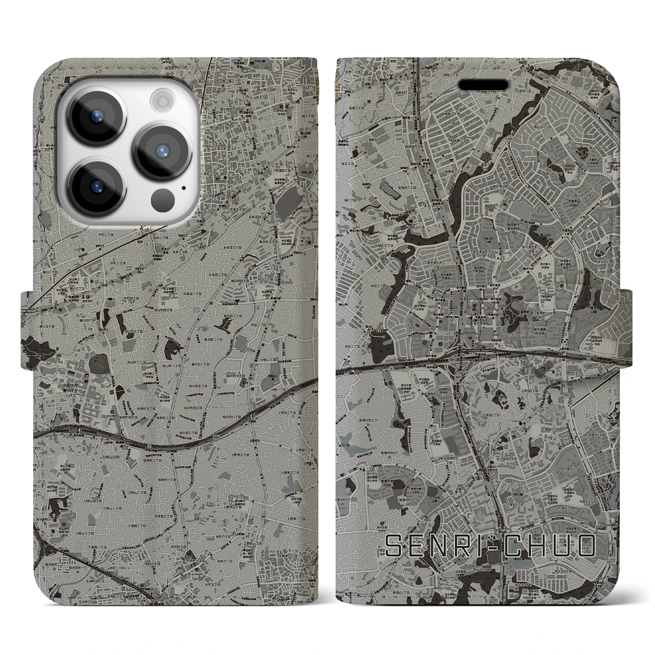 【千里中央(大阪府)】地図柄iPhoneケース(手帳タイプ)モノトーン・iPhone 14 Pro 用