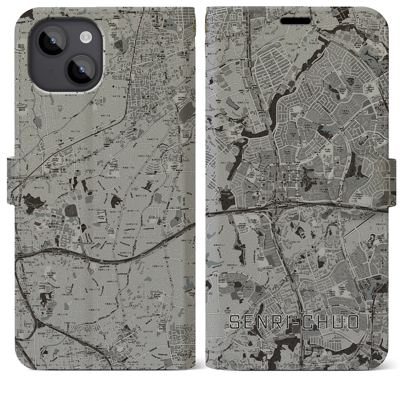 【千里中央(大阪府)】地図柄iPhoneケース(手帳タイプ)モノトーン・iPhone 14 Plus 用