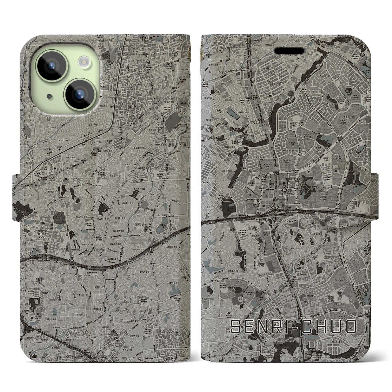 【千里中央(大阪府)】地図柄iPhoneケース(手帳タイプ)モノトーン・iPhone 15 用