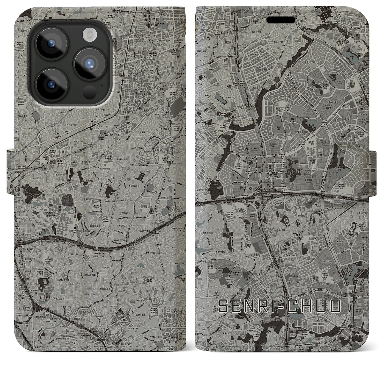 【千里中央(大阪府)】地図柄iPhoneケース(手帳タイプ)モノトーン・iPhone 15 Pro Max 用