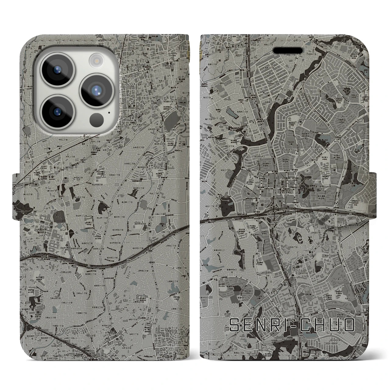 【千里中央(大阪府)】地図柄iPhoneケース(手帳タイプ)モノトーン・iPhone 15 Pro 用