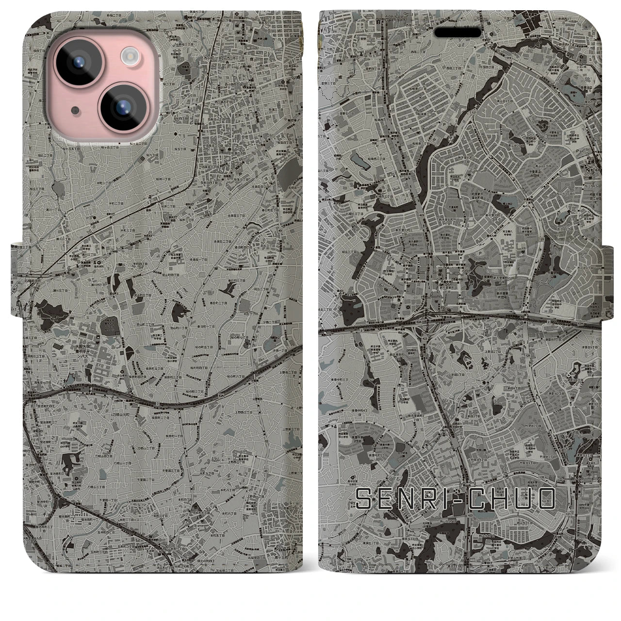 【千里中央(大阪府)】地図柄iPhoneケース(手帳タイプ)モノトーン・iPhone 15 Plus 用