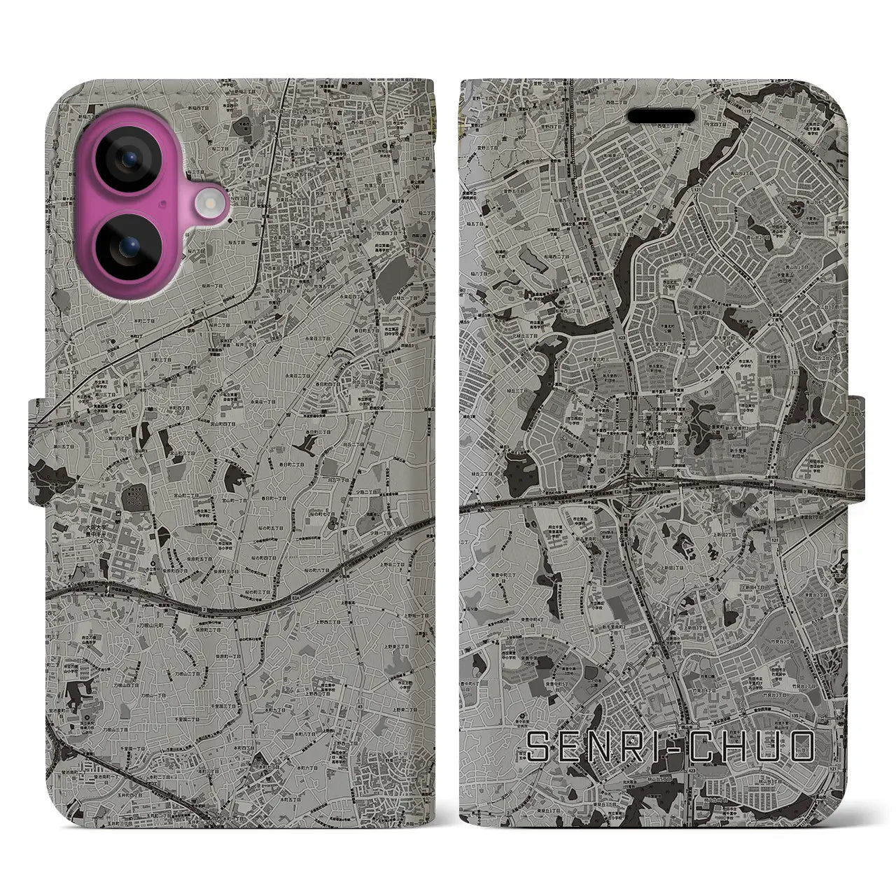 【千里中央(大阪府)】地図柄iPhoneケース(手帳タイプ)モノトーン・iPhone 16 Pro 用