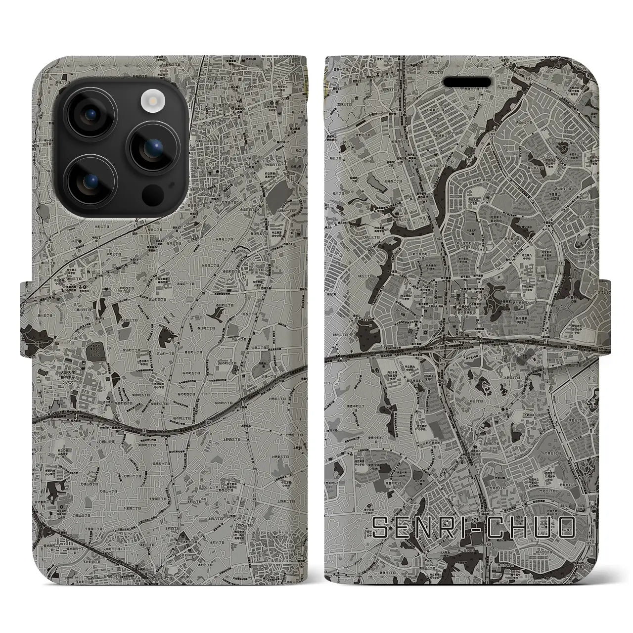 【千里中央(大阪府)】地図柄iPhoneケース(手帳タイプ)モノトーン・iPhone 16 用