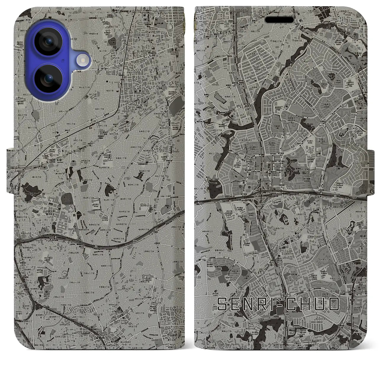 【千里中央(大阪府)】地図柄iPhoneケース(手帳タイプ)モノトーン・iPhone 16 Pro Max 用