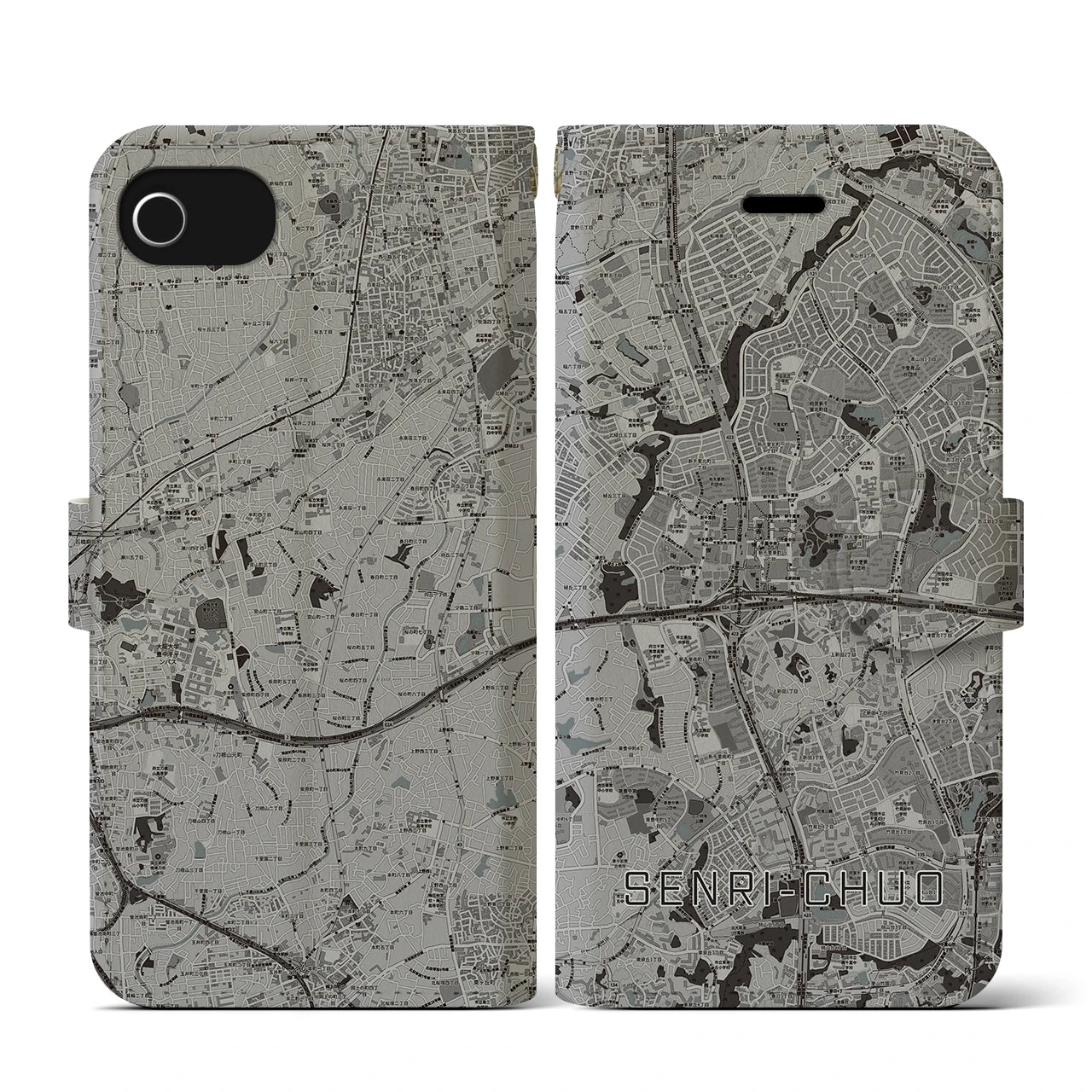 【千里中央(大阪府)】地図柄iPhoneケース(手帳タイプ)モノトーン・iPhone SE(第3 / 第2世代) / 8 / 7 / 6s / 6 用