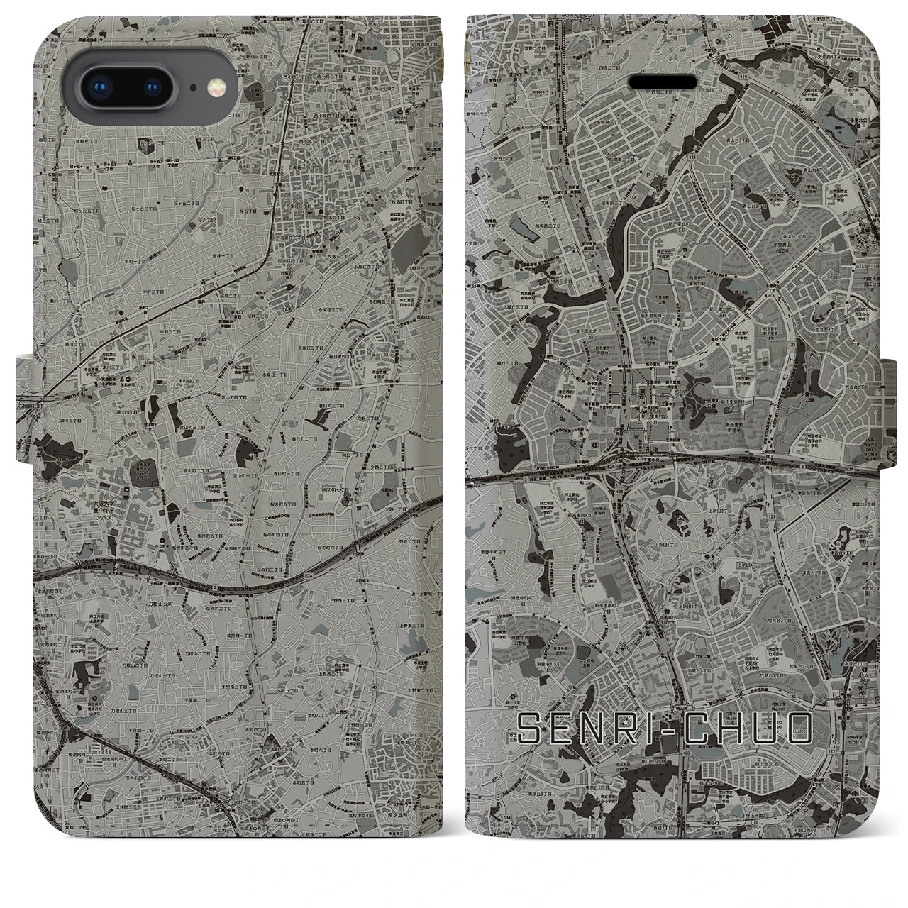 【千里中央(大阪府)】地図柄iPhoneケース(手帳タイプ)モノトーン・iPhone 8Plus /7Plus / 6sPlus / 6Plus 用