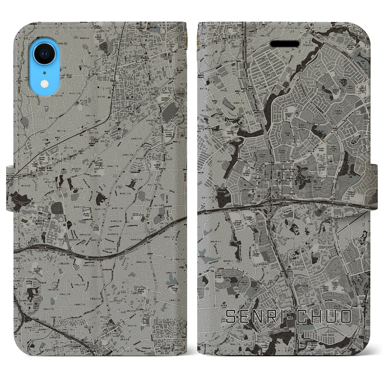 【千里中央(大阪府)】地図柄iPhoneケース(手帳タイプ)モノトーン・iPhone XR 用