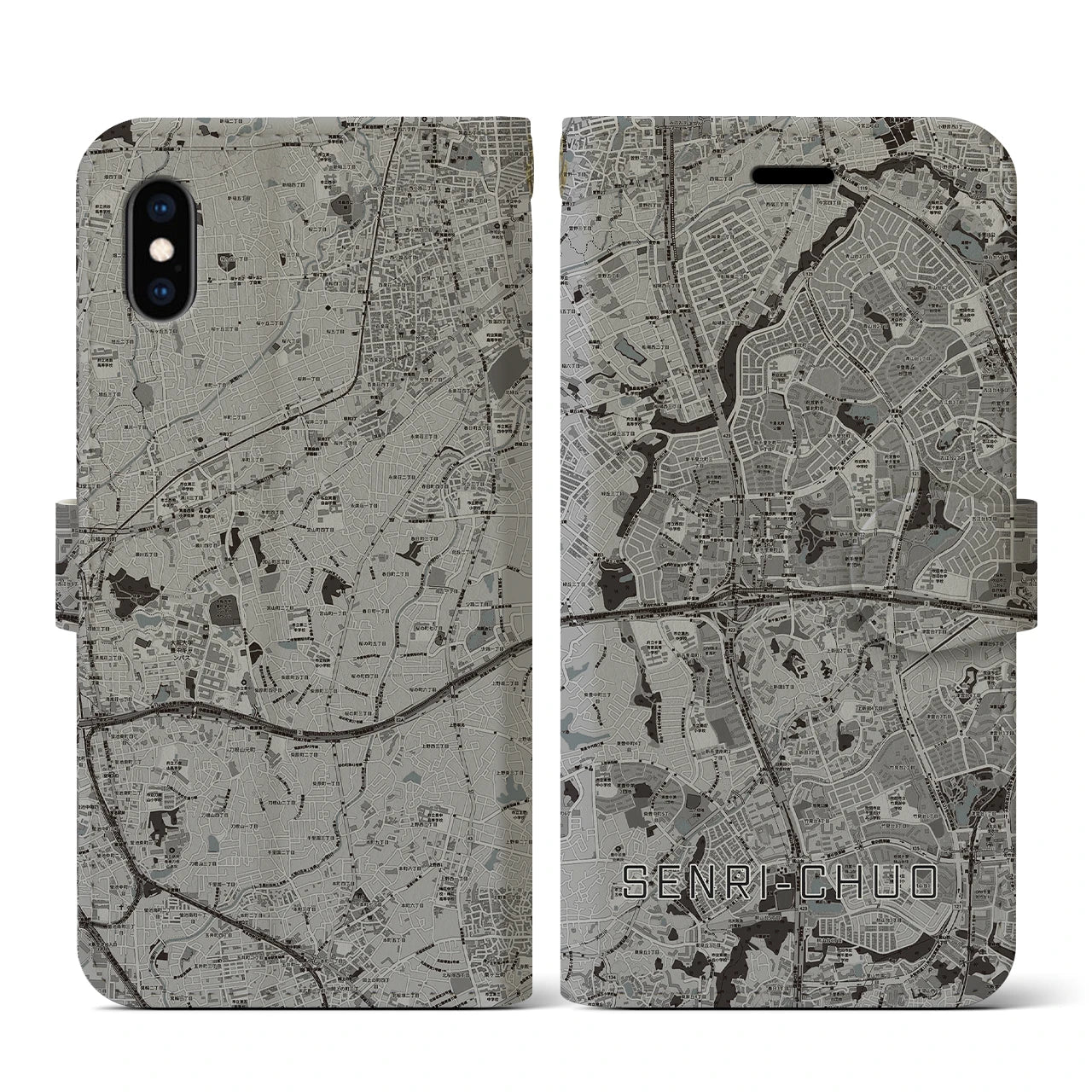 【千里中央(大阪府)】地図柄iPhoneケース(手帳タイプ)モノトーン・iPhone XS / X 用