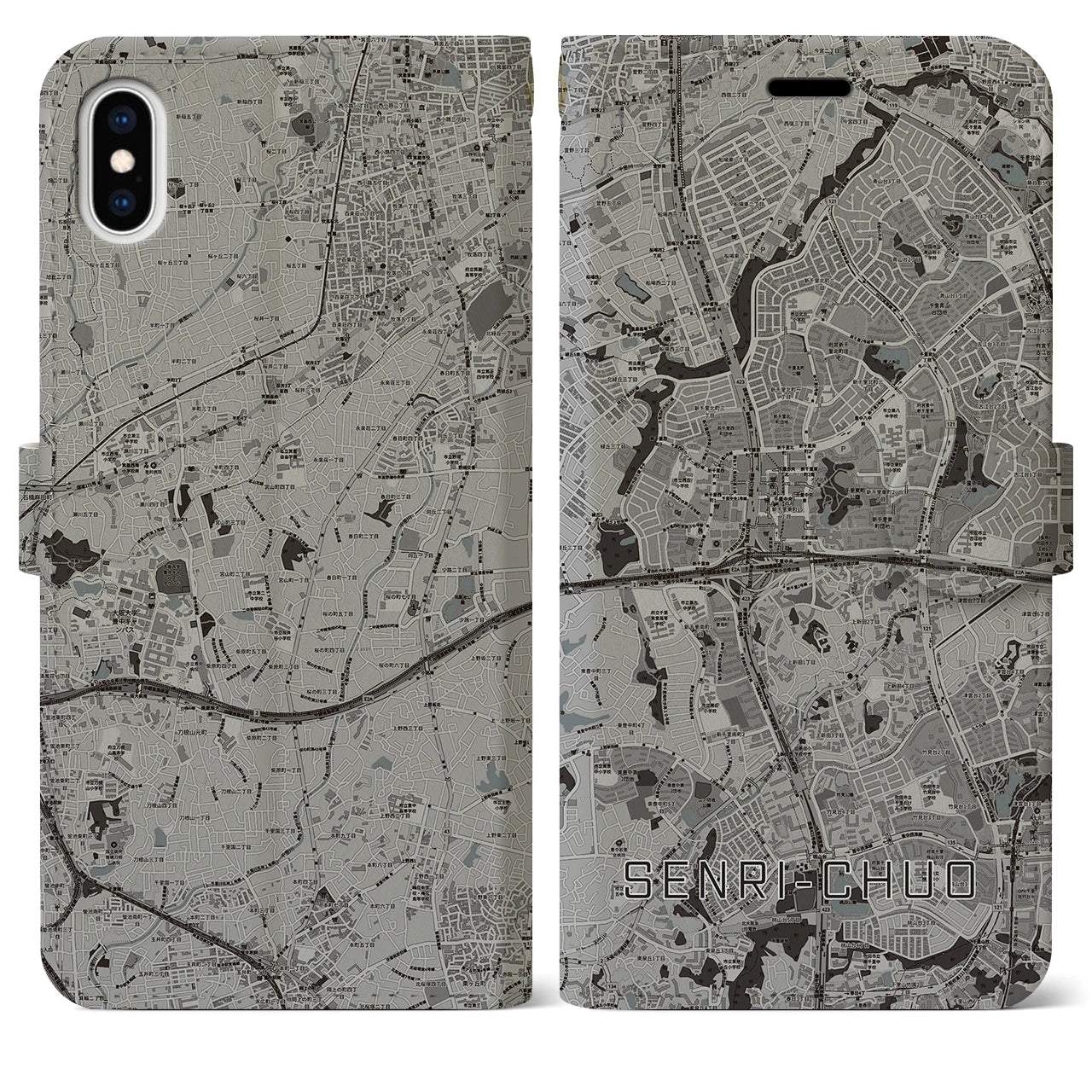 【千里中央(大阪府)】地図柄iPhoneケース(手帳タイプ)モノトーン・iPhone XS Max 用