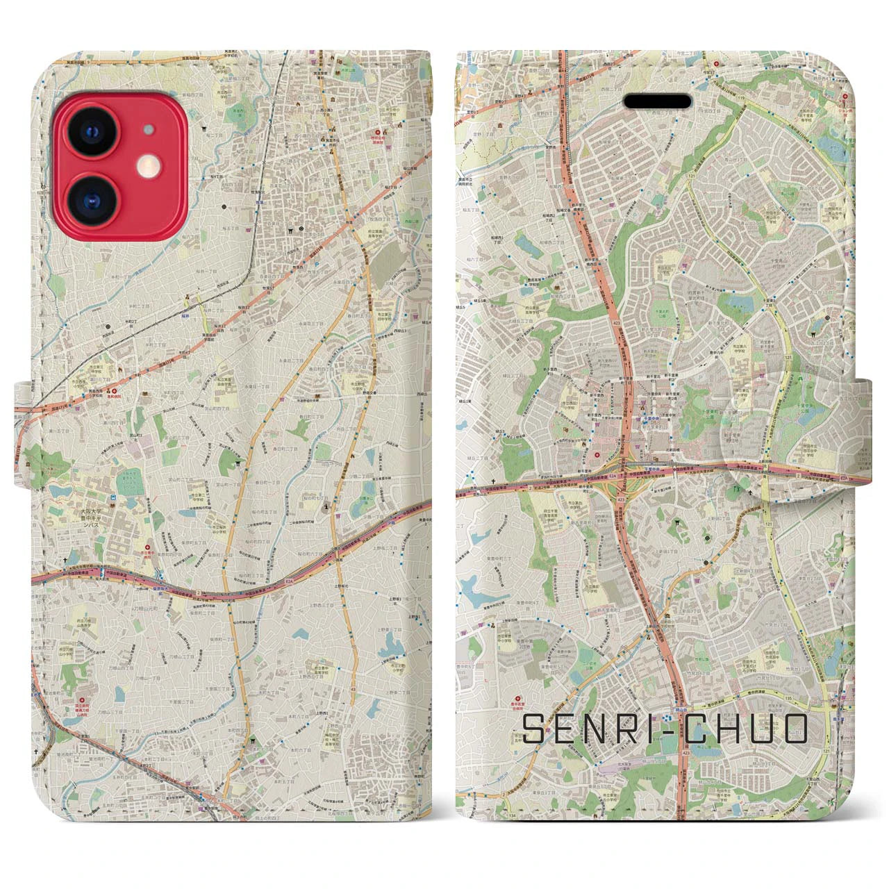 【千里中央(大阪府)】地図柄iPhoneケース(手帳タイプ)ナチュラル・iPhone 11 用