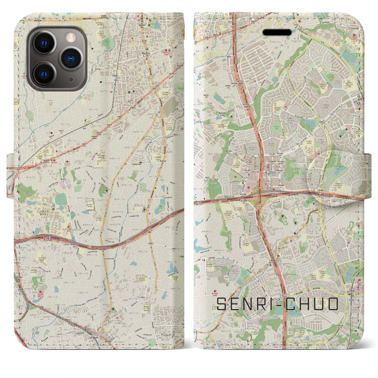 【千里中央(大阪府)】地図柄iPhoneケース(手帳タイプ)ナチュラル・iPhone 11 Pro Max 用