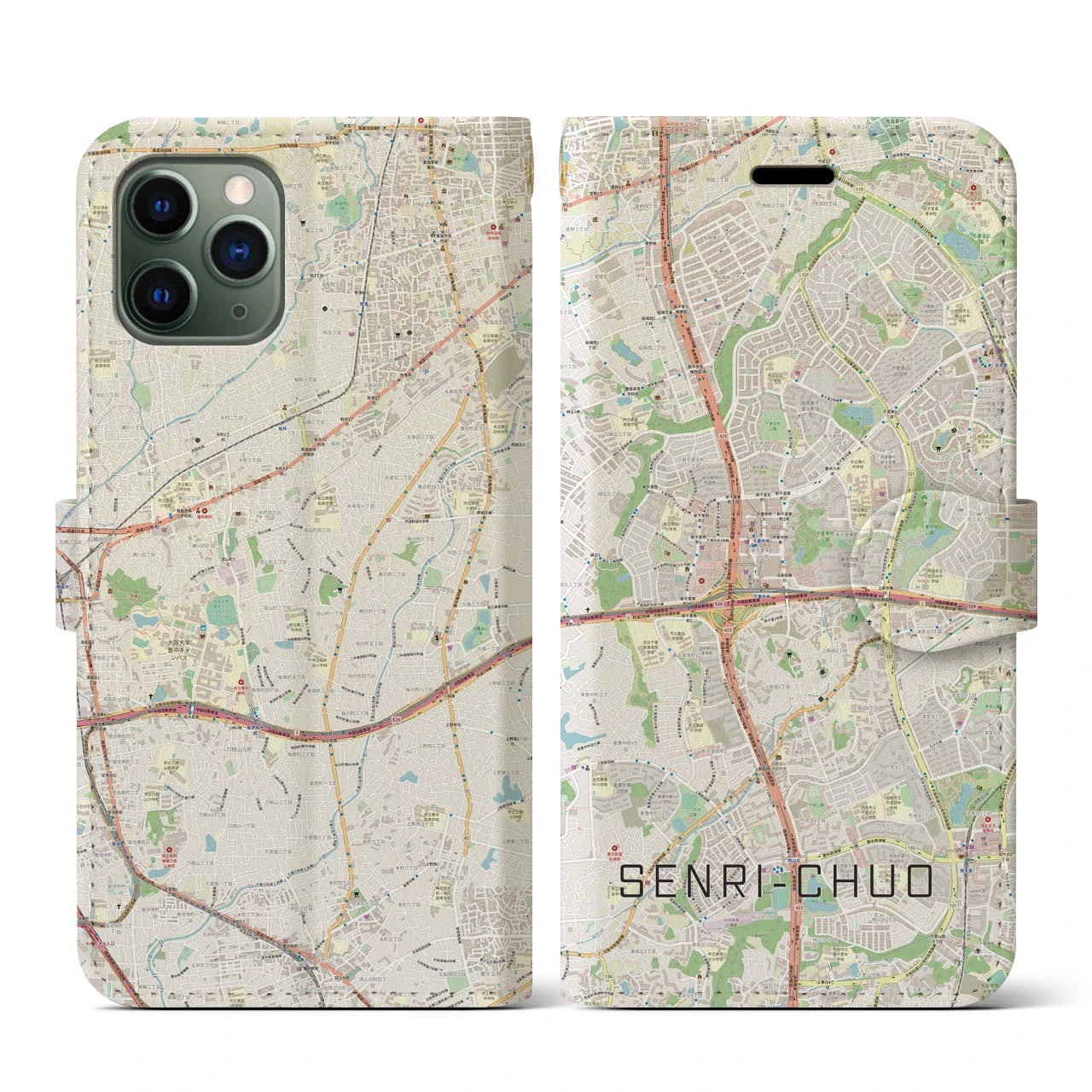 【千里中央(大阪府)】地図柄iPhoneケース(手帳タイプ)ナチュラル・iPhone 11 Pro 用