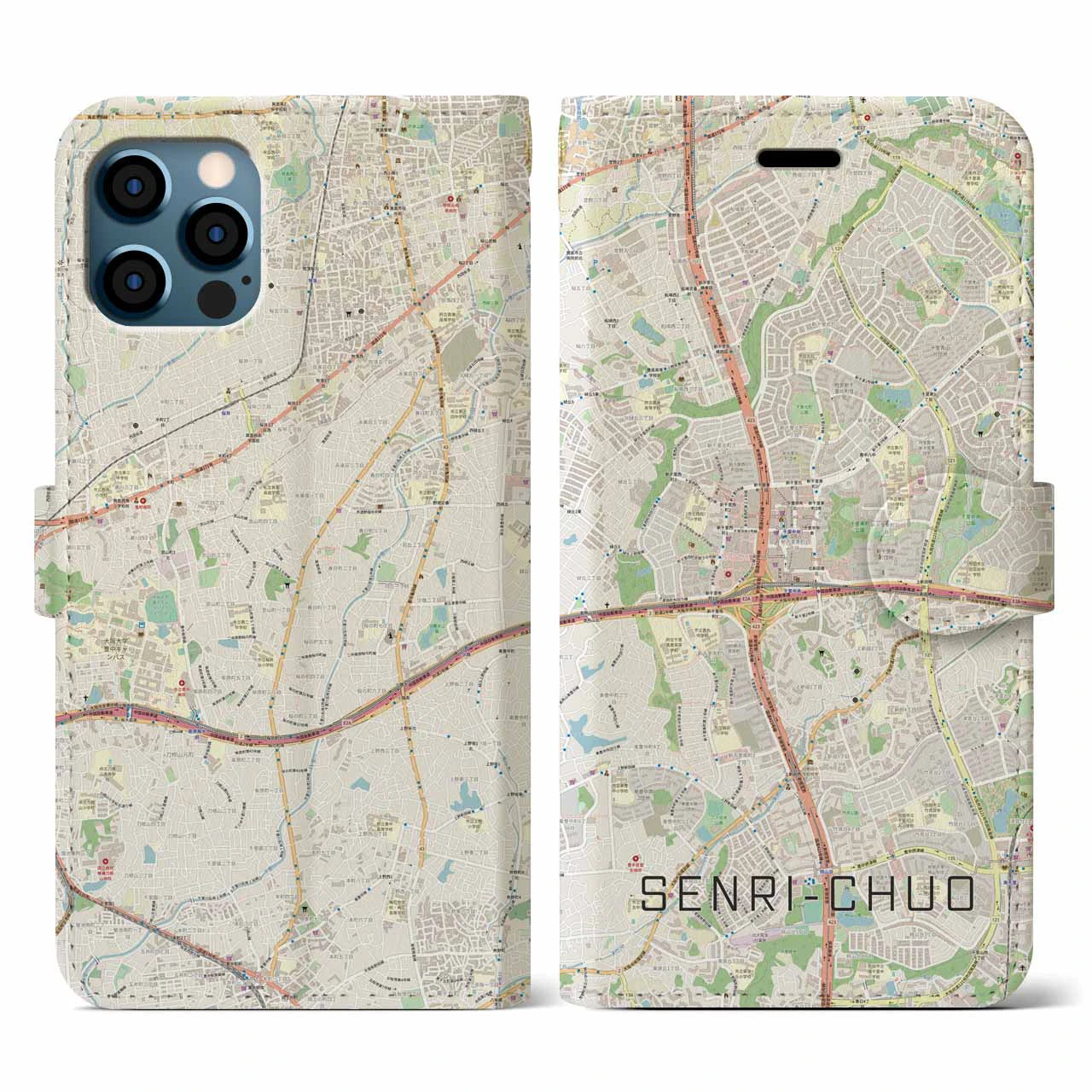 【千里中央(大阪府)】地図柄iPhoneケース(手帳タイプ)ナチュラル・iPhone 12 / 12 Pro 用