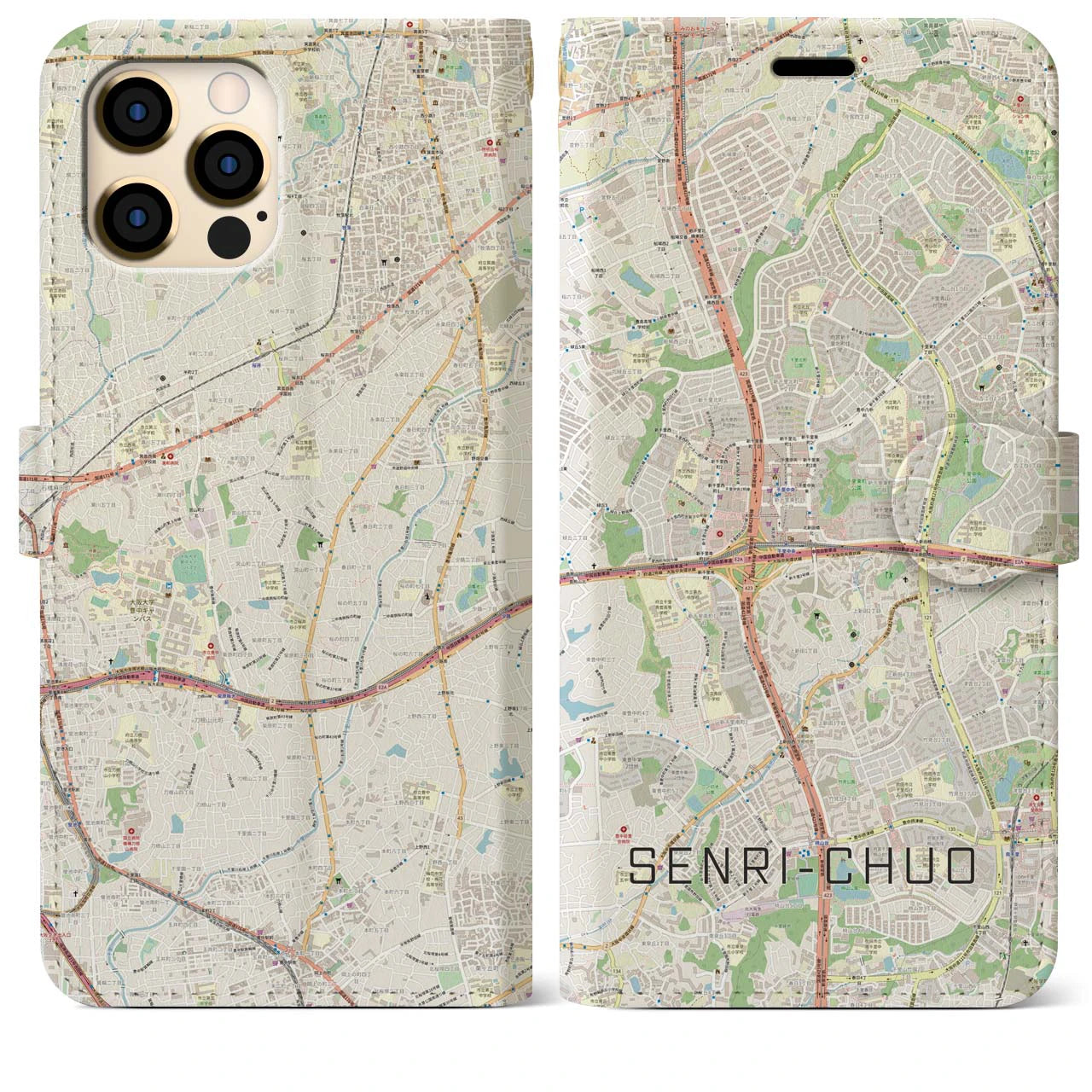 【千里中央(大阪府)】地図柄iPhoneケース(手帳タイプ)ナチュラル・iPhone 12 Pro Max 用