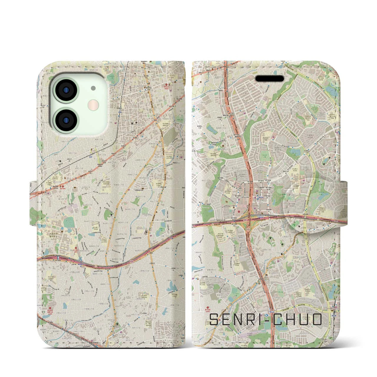【千里中央(大阪府)】地図柄iPhoneケース(手帳タイプ)ナチュラル・iPhone 12 mini 用