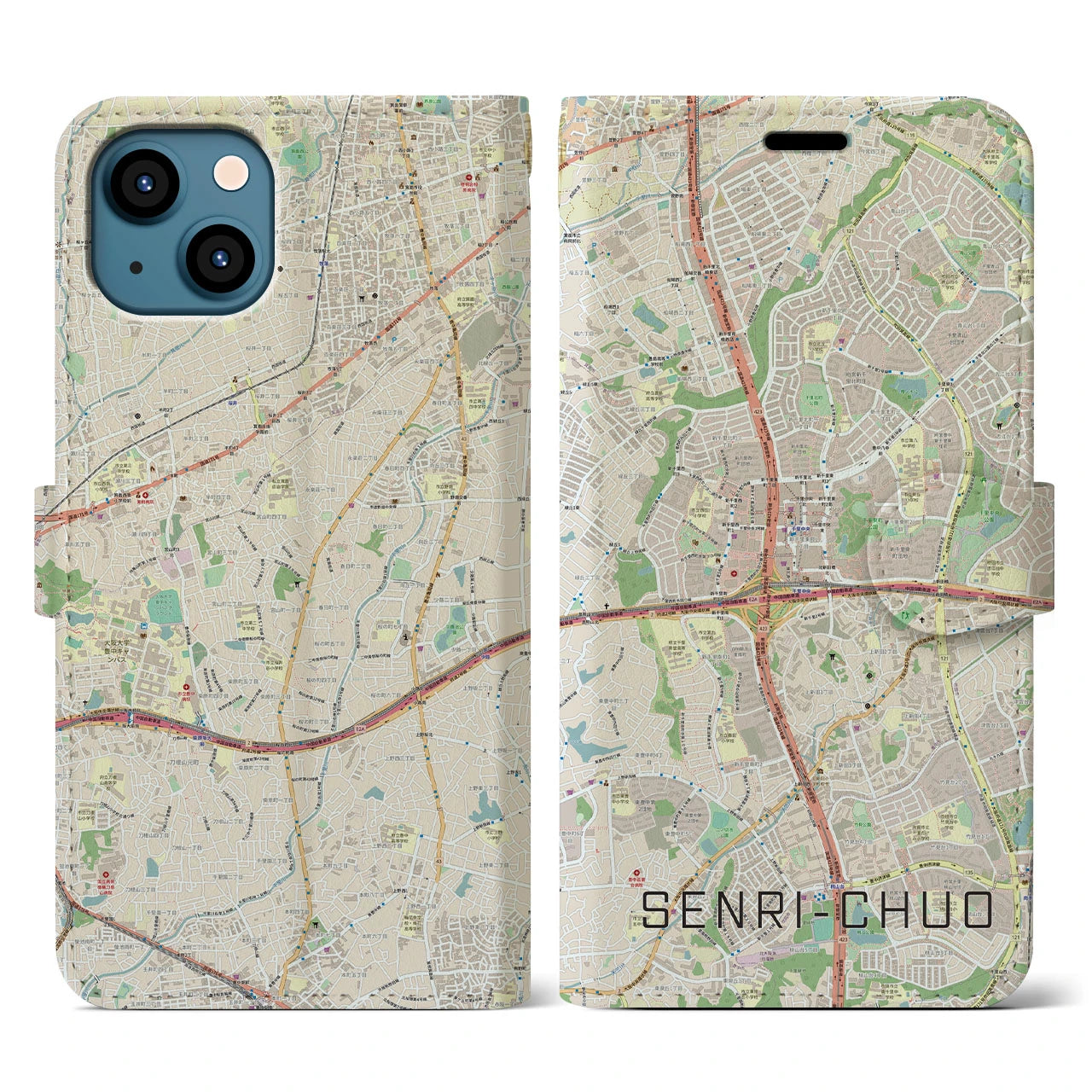 【千里中央(大阪府)】地図柄iPhoneケース(手帳タイプ)ナチュラル・iPhone 13 用