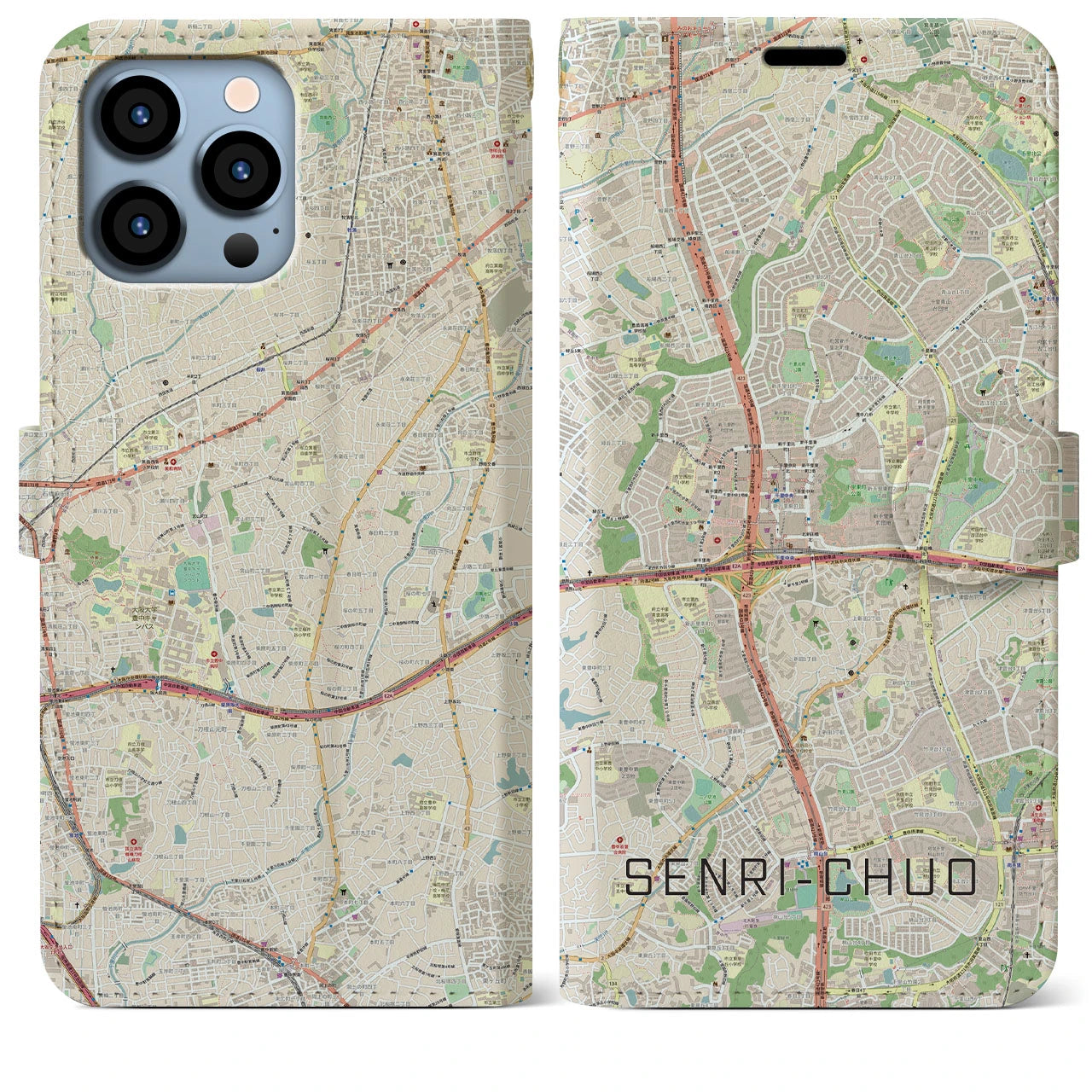 【千里中央(大阪府)】地図柄iPhoneケース(手帳タイプ)ナチュラル・iPhone 13 Pro Max 用