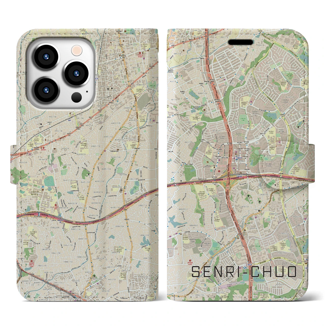 【千里中央(大阪府)】地図柄iPhoneケース(手帳タイプ)ナチュラル・iPhone 13 Pro 用