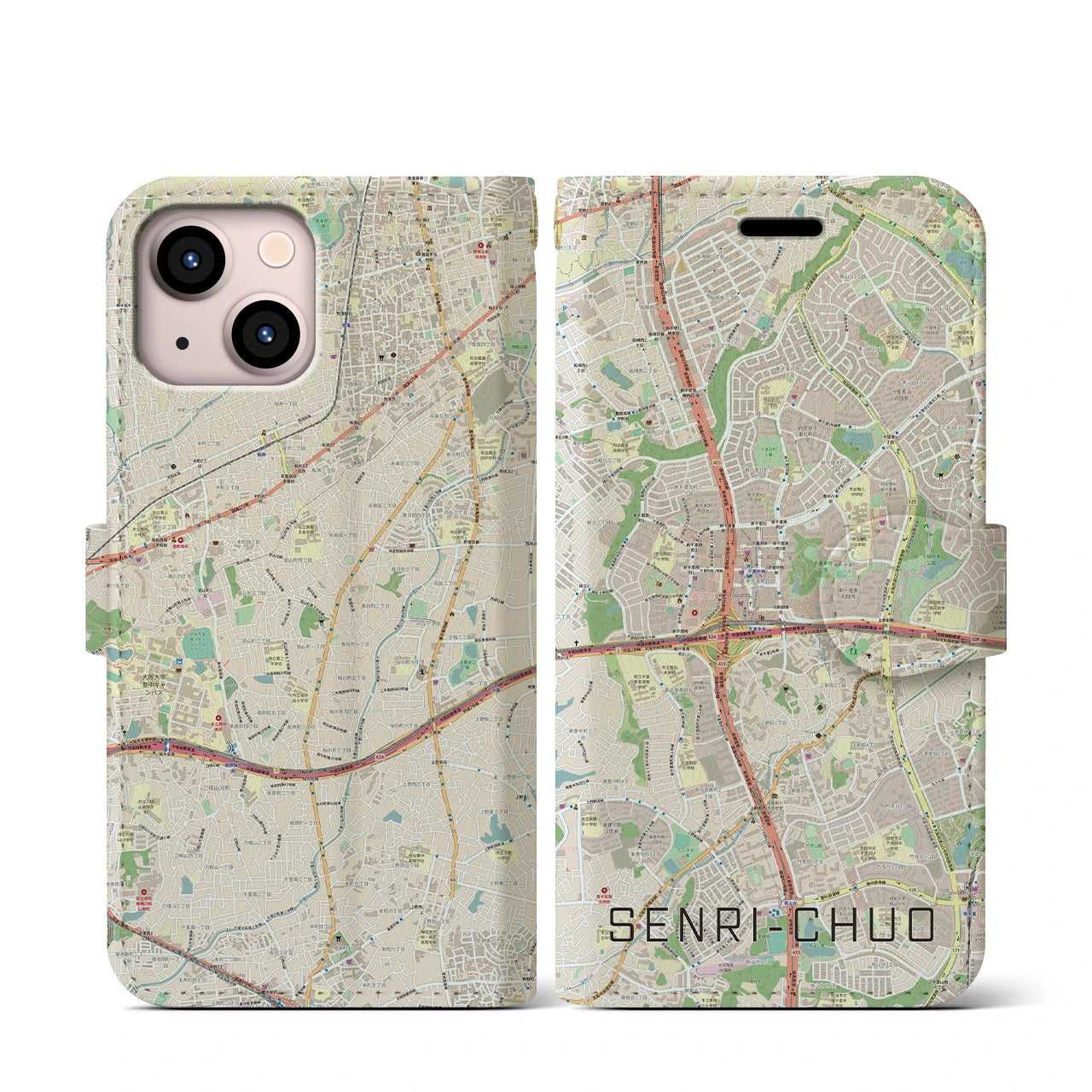 【千里中央(大阪府)】地図柄iPhoneケース(手帳タイプ)ナチュラル・iPhone 13 mini 用