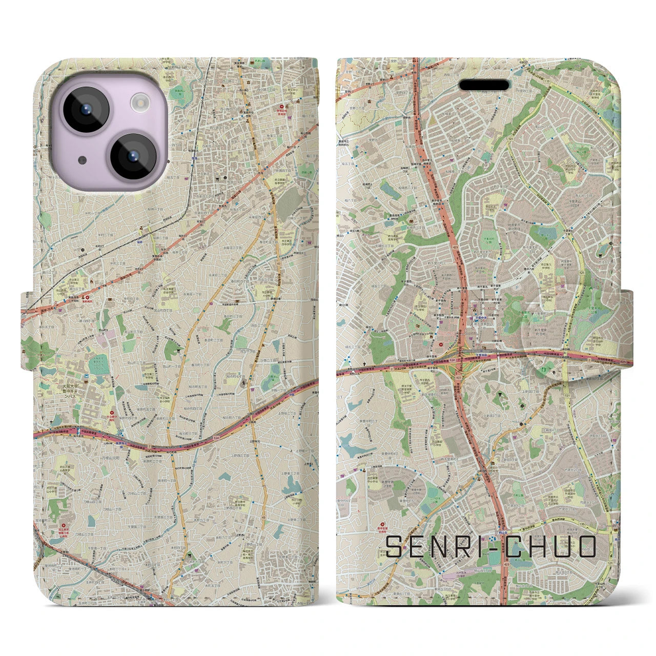【千里中央(大阪府)】地図柄iPhoneケース(手帳タイプ)ナチュラル・iPhone 14 用