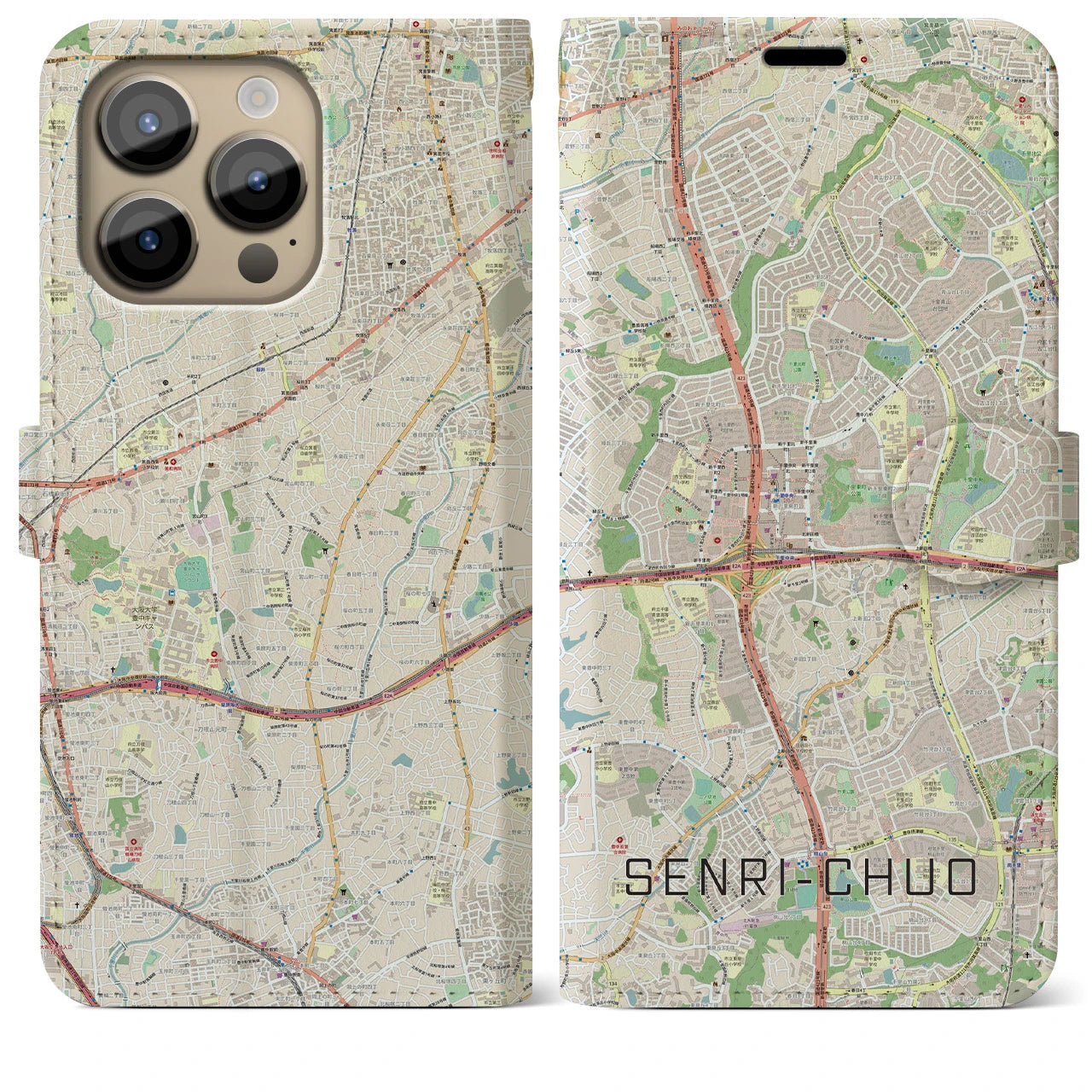 【千里中央(大阪府)】地図柄iPhoneケース(手帳タイプ)ナチュラル・iPhone 14 Pro Max 用