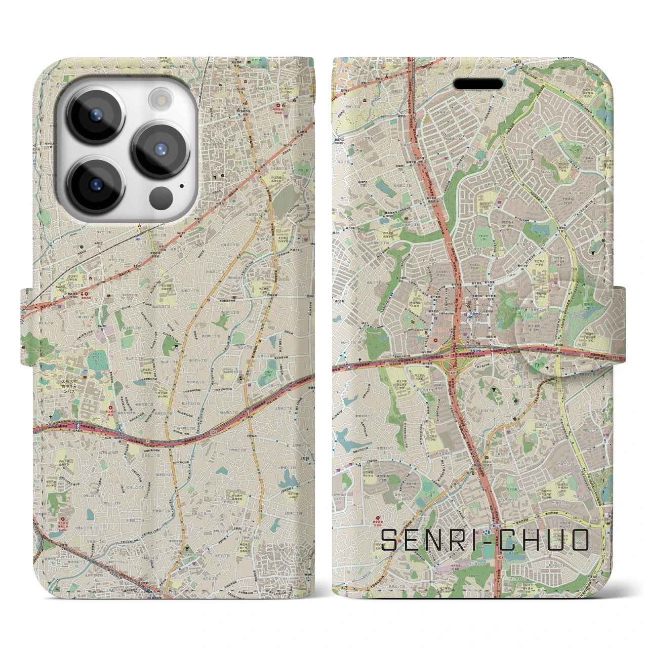 【千里中央(大阪府)】地図柄iPhoneケース(手帳タイプ)ナチュラル・iPhone 14 Pro 用
