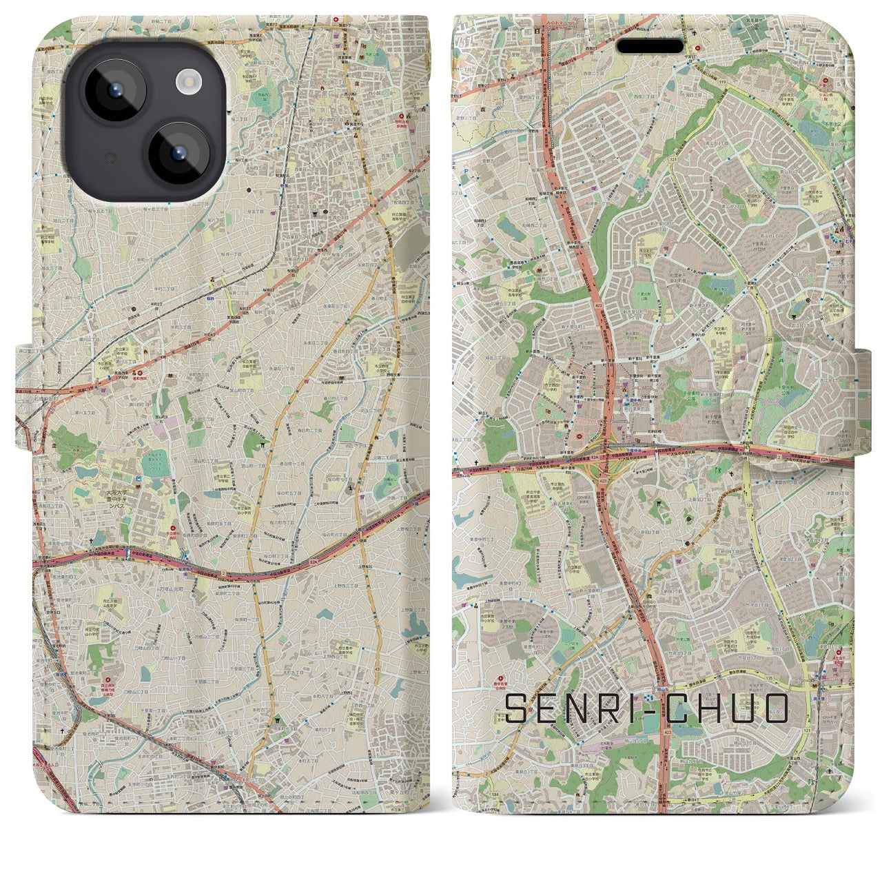 【千里中央(大阪府)】地図柄iPhoneケース(手帳タイプ)ナチュラル・iPhone 14 Plus 用