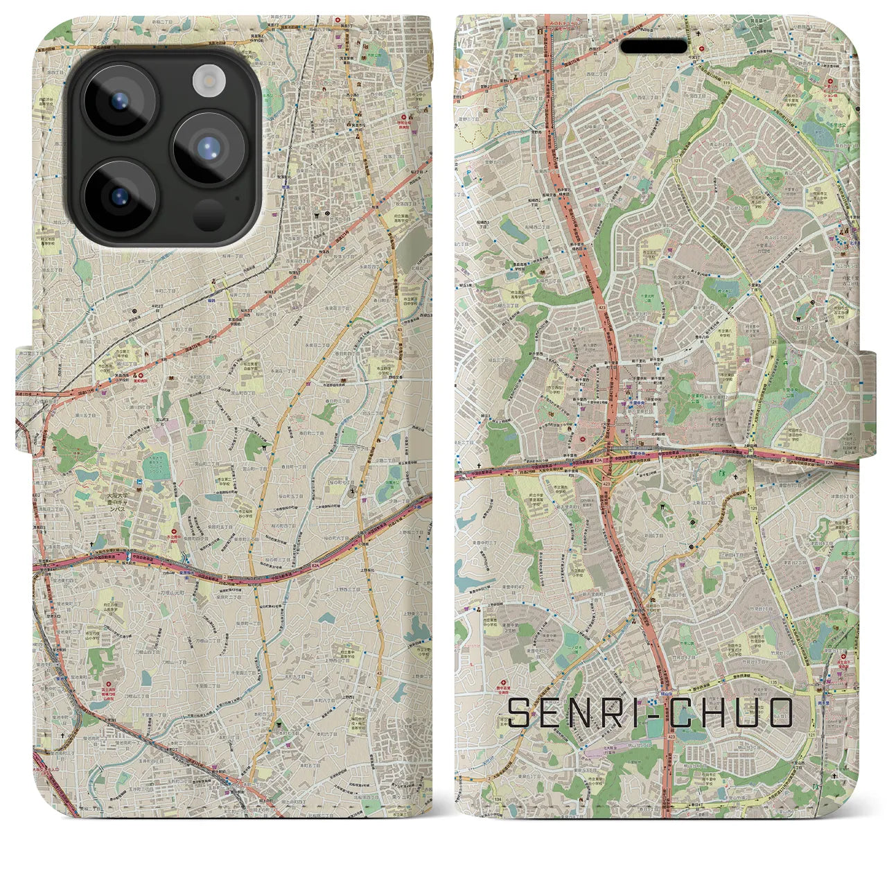 【千里中央(大阪府)】地図柄iPhoneケース(手帳タイプ)ナチュラル・iPhone 15 Pro Max 用