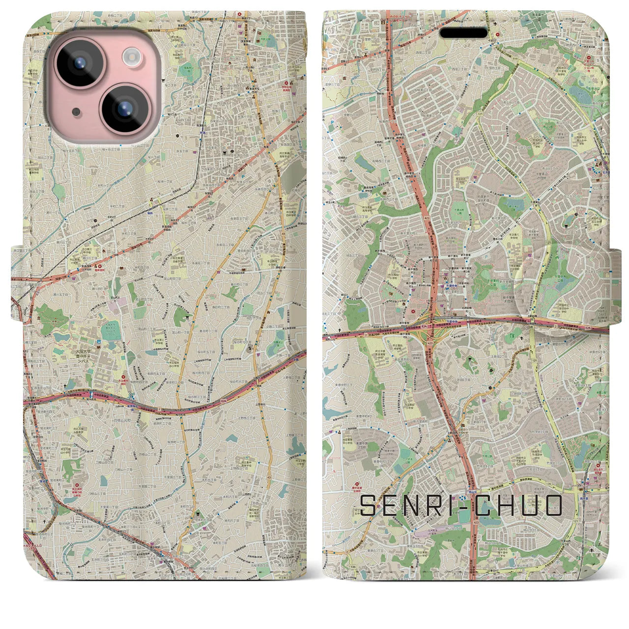 【千里中央(大阪府)】地図柄iPhoneケース(手帳タイプ)ナチュラル・iPhone 15 Plus 用