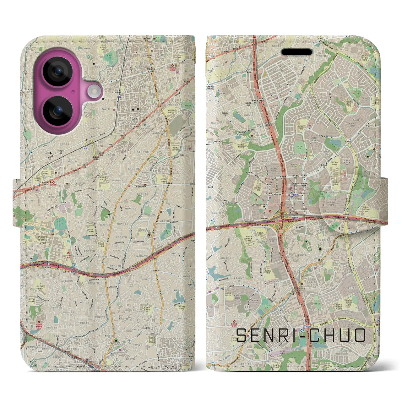 【千里中央(大阪府)】地図柄iPhoneケース(手帳タイプ)ナチュラル・iPhone 16 Pro 用