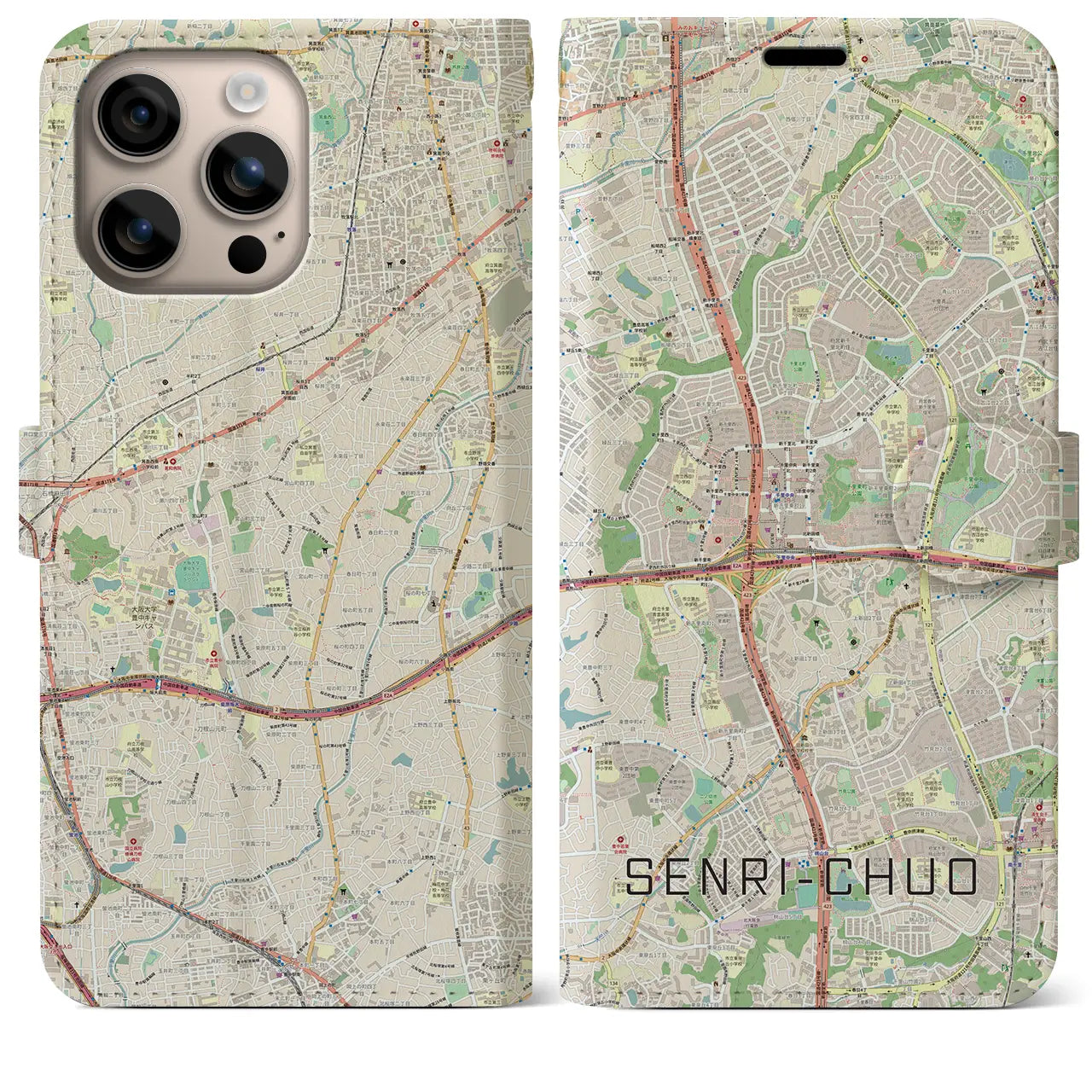 【千里中央(大阪府)】地図柄iPhoneケース(手帳タイプ)ナチュラル・iPhone 16 Plus 用