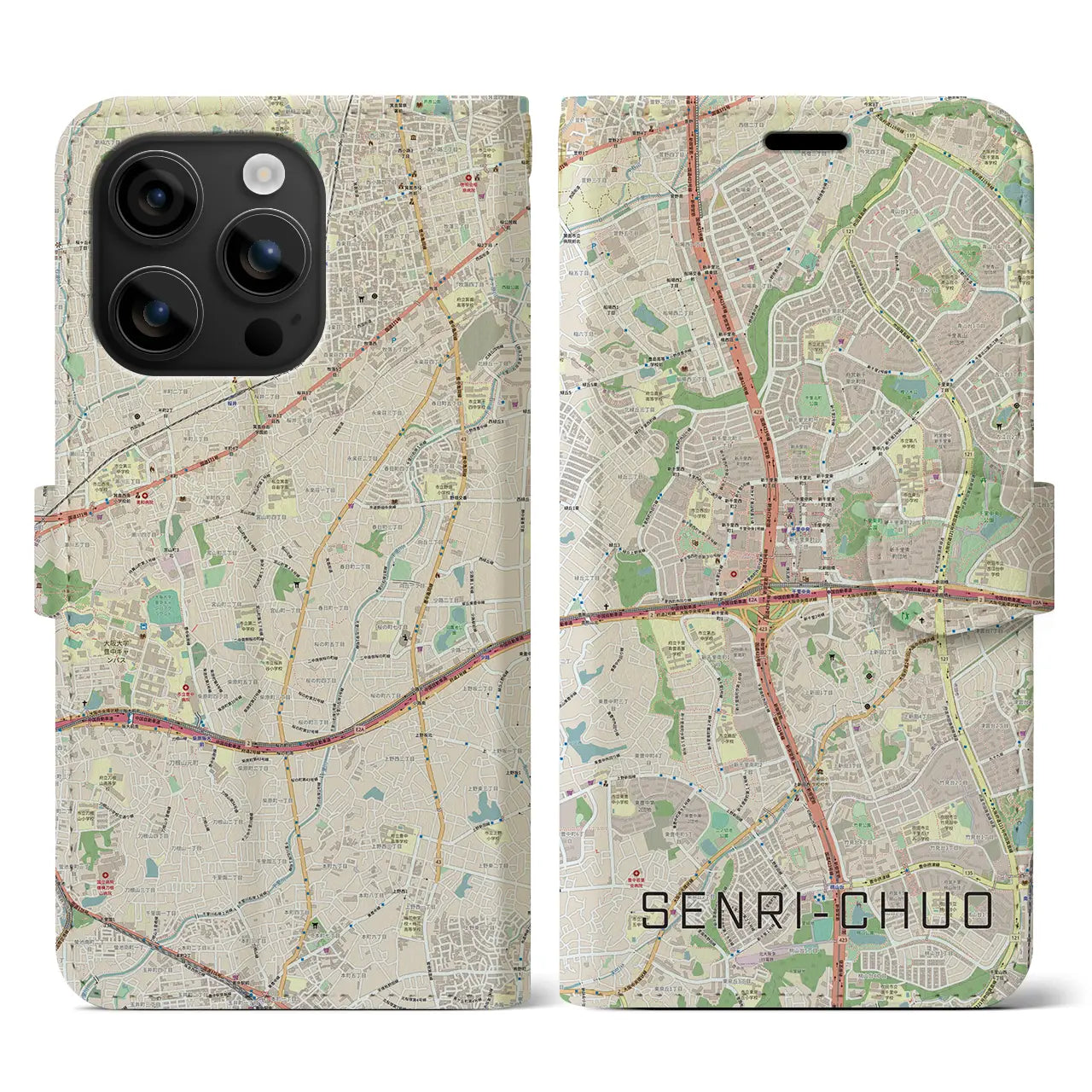 【千里中央(大阪府)】地図柄iPhoneケース(手帳タイプ)ナチュラル・iPhone 16 用