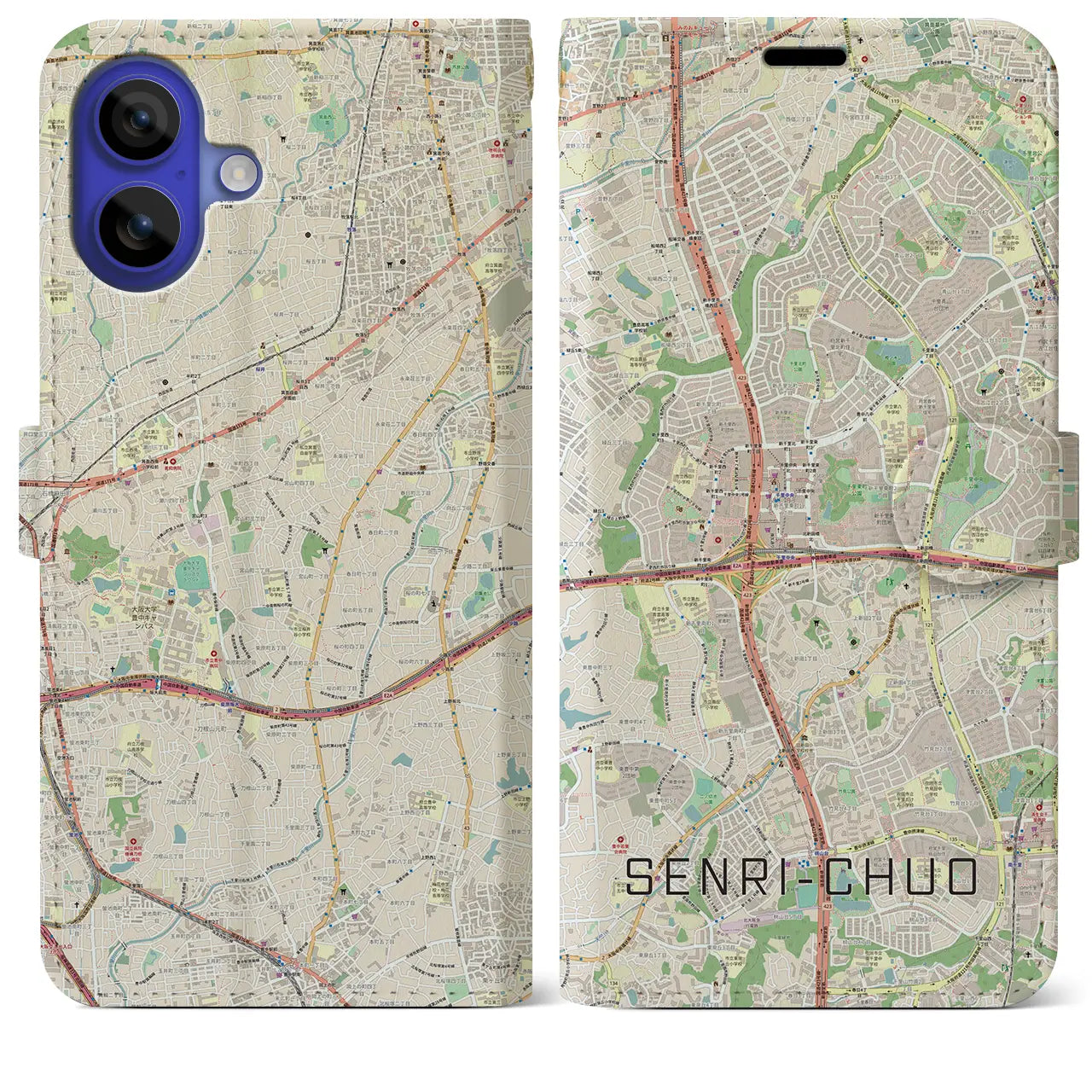 【千里中央(大阪府)】地図柄iPhoneケース(手帳タイプ)ナチュラル・iPhone 16 Pro Max 用