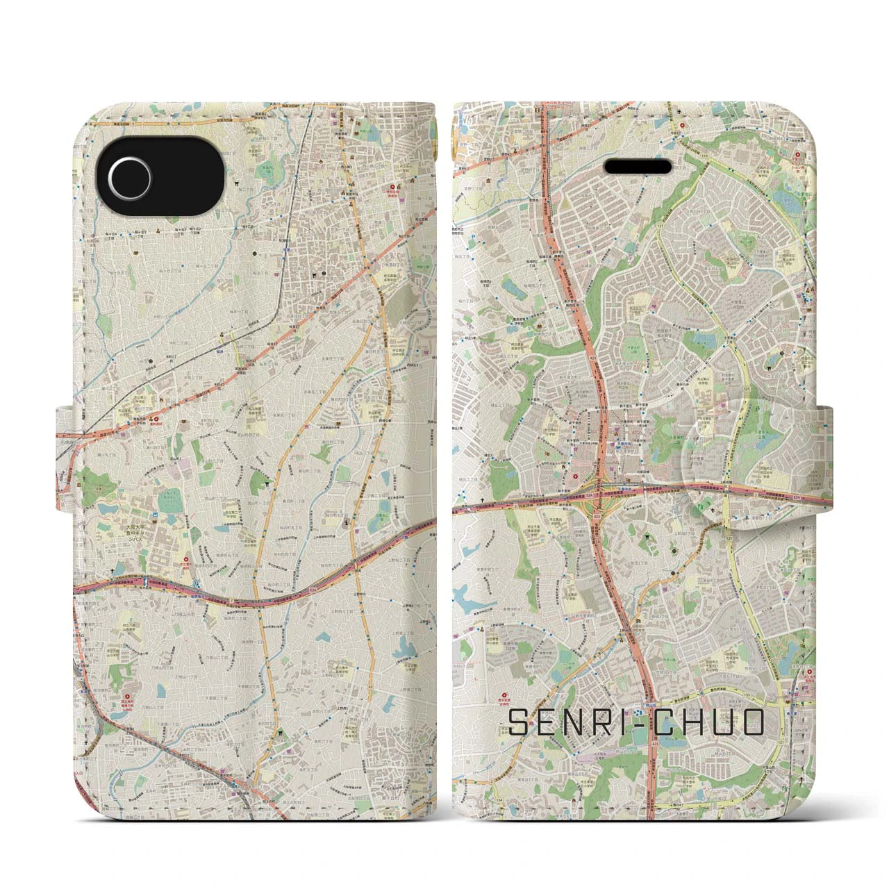 【千里中央(大阪府)】地図柄iPhoneケース(手帳タイプ)ナチュラル・iPhone SE(第3 / 第2世代) / 8 / 7 / 6s / 6 用