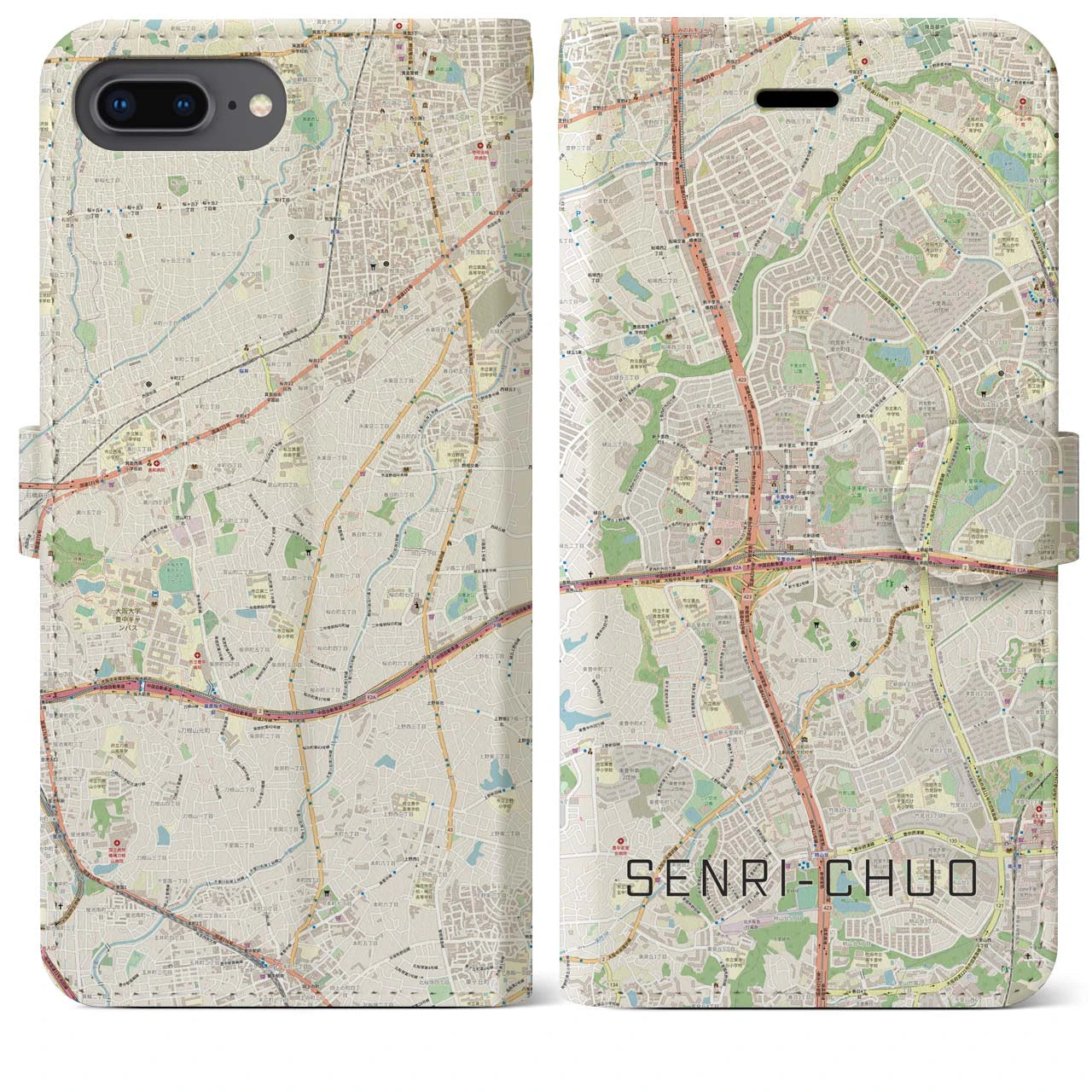 【千里中央(大阪府)】地図柄iPhoneケース(手帳タイプ)ナチュラル・iPhone 8Plus /7Plus / 6sPlus / 6Plus 用