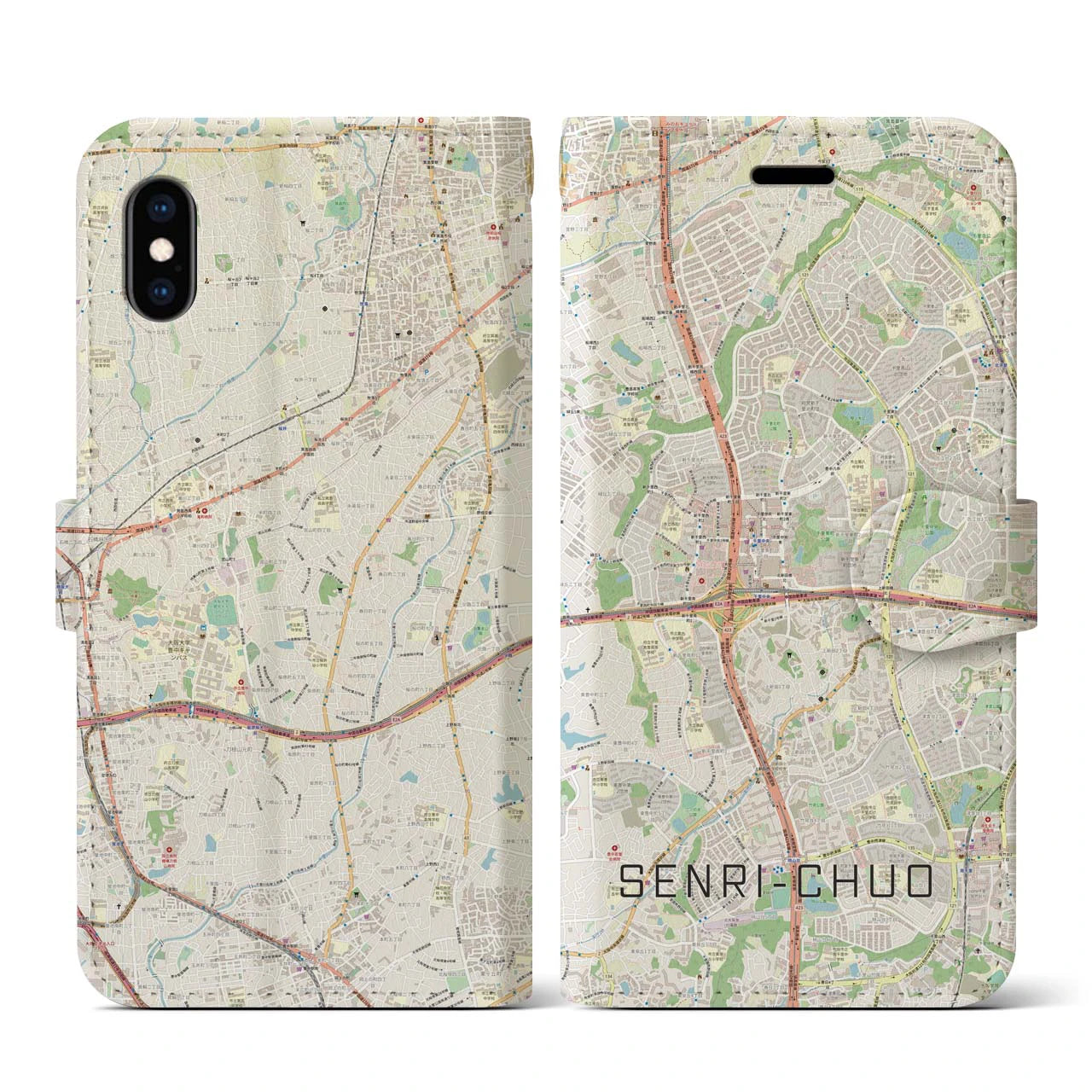 【千里中央(大阪府)】地図柄iPhoneケース(手帳タイプ)ナチュラル・iPhone XS / X 用