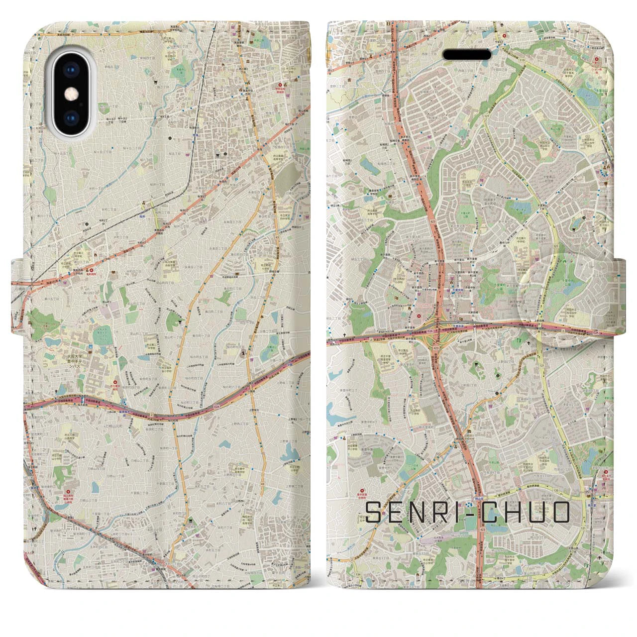 【千里中央(大阪府)】地図柄iPhoneケース(手帳タイプ)ナチュラル・iPhone XS Max 用