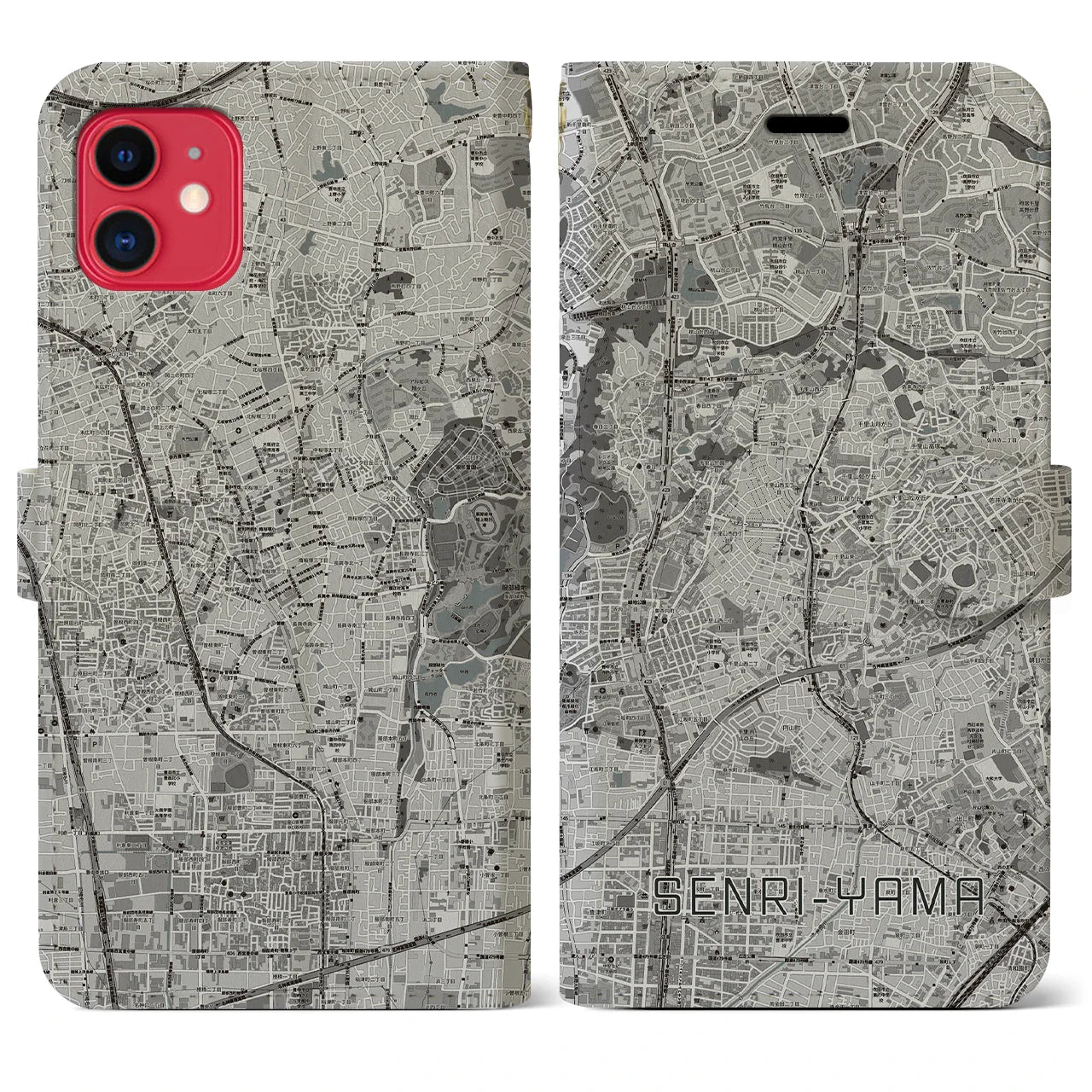 【千里山(大阪府)】地図柄iPhoneケース(手帳タイプ)モノトーン・iPhone 11 用