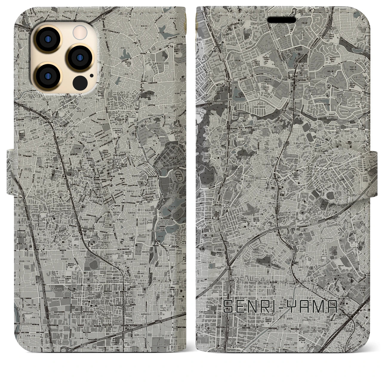 【千里山(大阪府)】地図柄iPhoneケース(手帳タイプ)モノトーン・iPhone 12 Pro Max 用