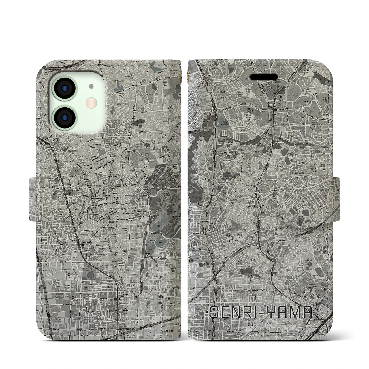 【千里山(大阪府)】地図柄iPhoneケース(手帳タイプ)モノトーン・iPhone 12 mini 用