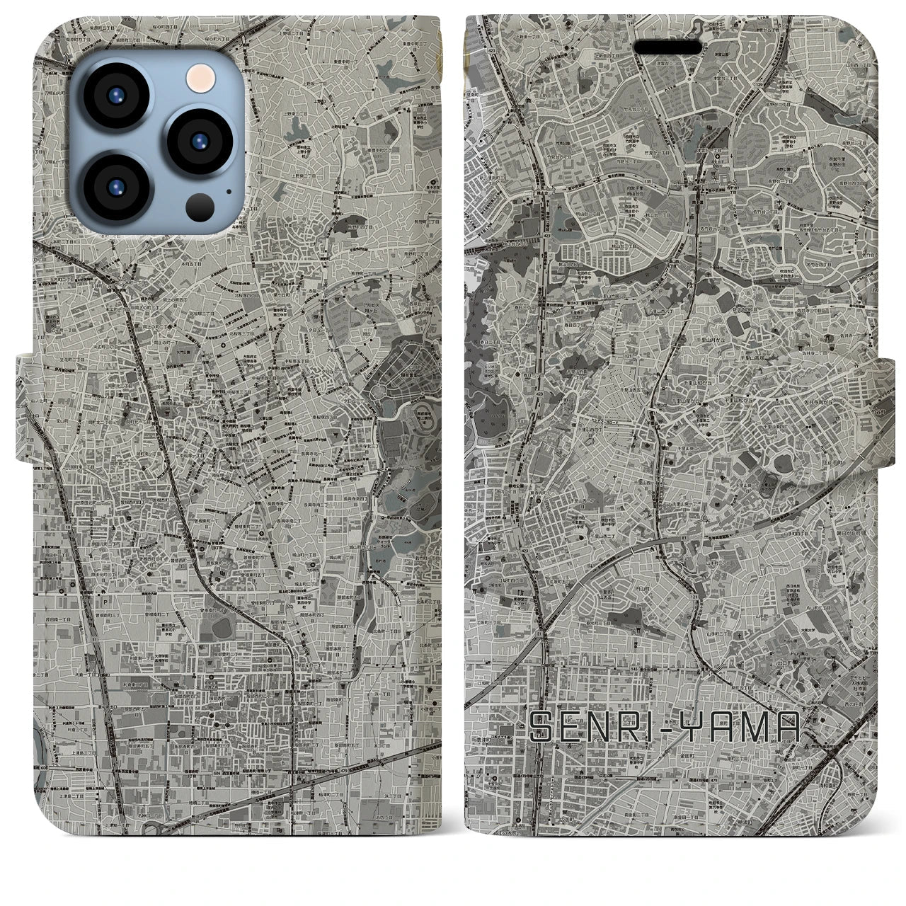 【千里山(大阪府)】地図柄iPhoneケース(手帳タイプ)モノトーン・iPhone 13 Pro Max 用
