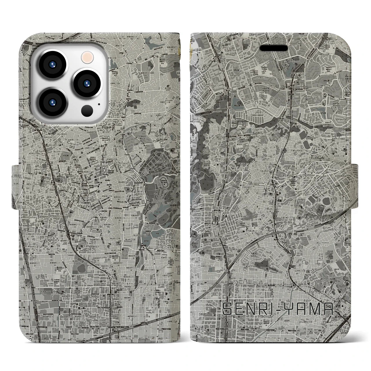 【千里山(大阪府)】地図柄iPhoneケース(手帳タイプ)モノトーン・iPhone 13 Pro 用