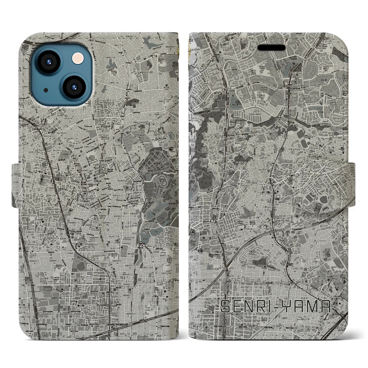 【千里山(大阪府)】地図柄iPhoneケース(手帳タイプ)モノトーン・iPhone 13 用
