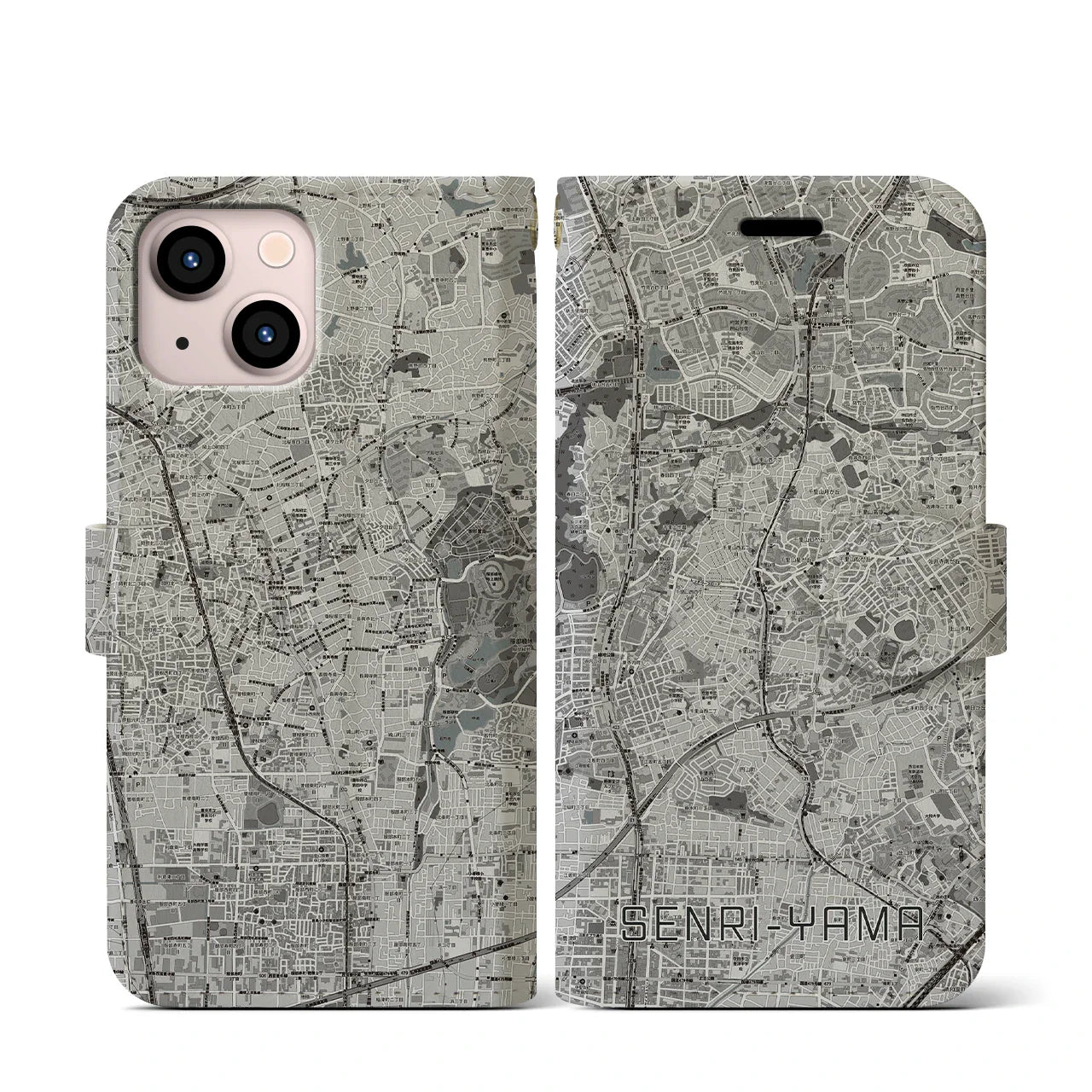 【千里山(大阪府)】地図柄iPhoneケース(手帳タイプ)モノトーン・iPhone 13 mini 用